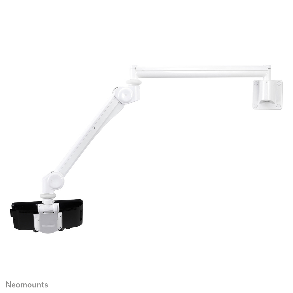 Witte, verstelbare monitorarm met muurbevestiging en zwarte basis, witte achtergrond.