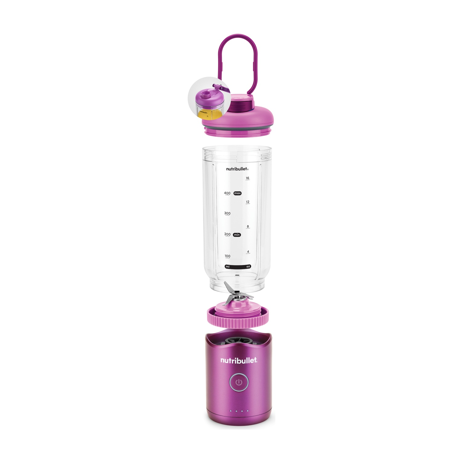 Frullatore portatile Nutribullet viola smontato: base, lama, tazza e coperchio.
