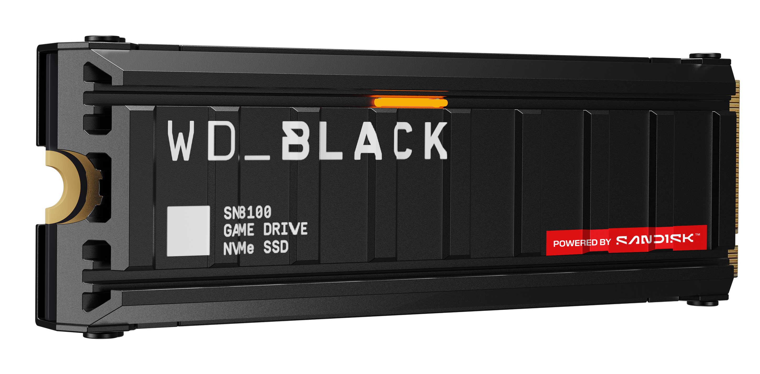 Czarny dysk SSD NVMe WD_BLACK SN8100 Game Drive z pomarańczowym światłem.