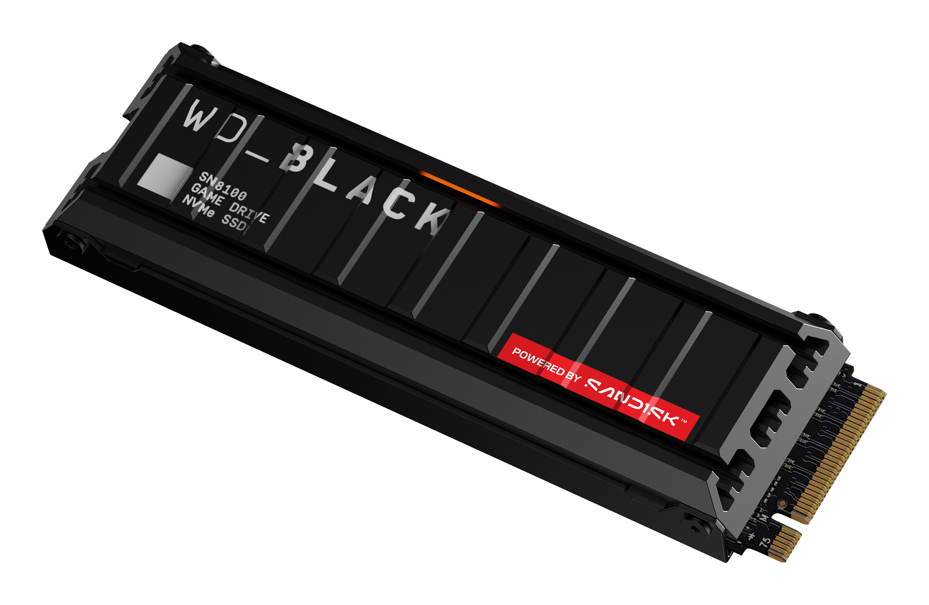 Czarny dysk SSD NVMe WD_BLACK SN8100 z czerwonym logo SanDisk i złotymi złączami.