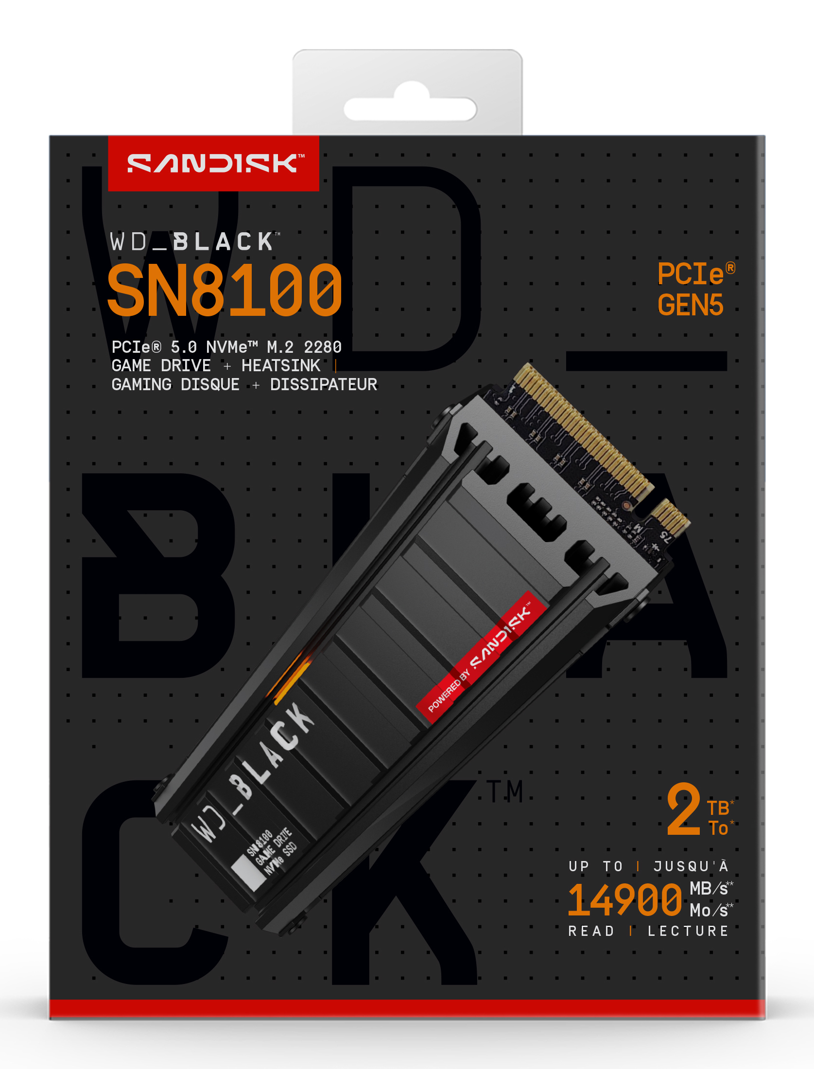 Opakowanie dysku SSD NVMe WD_BLACK SN8100 z widocznym dyskiem, z PCIe Gen 5.