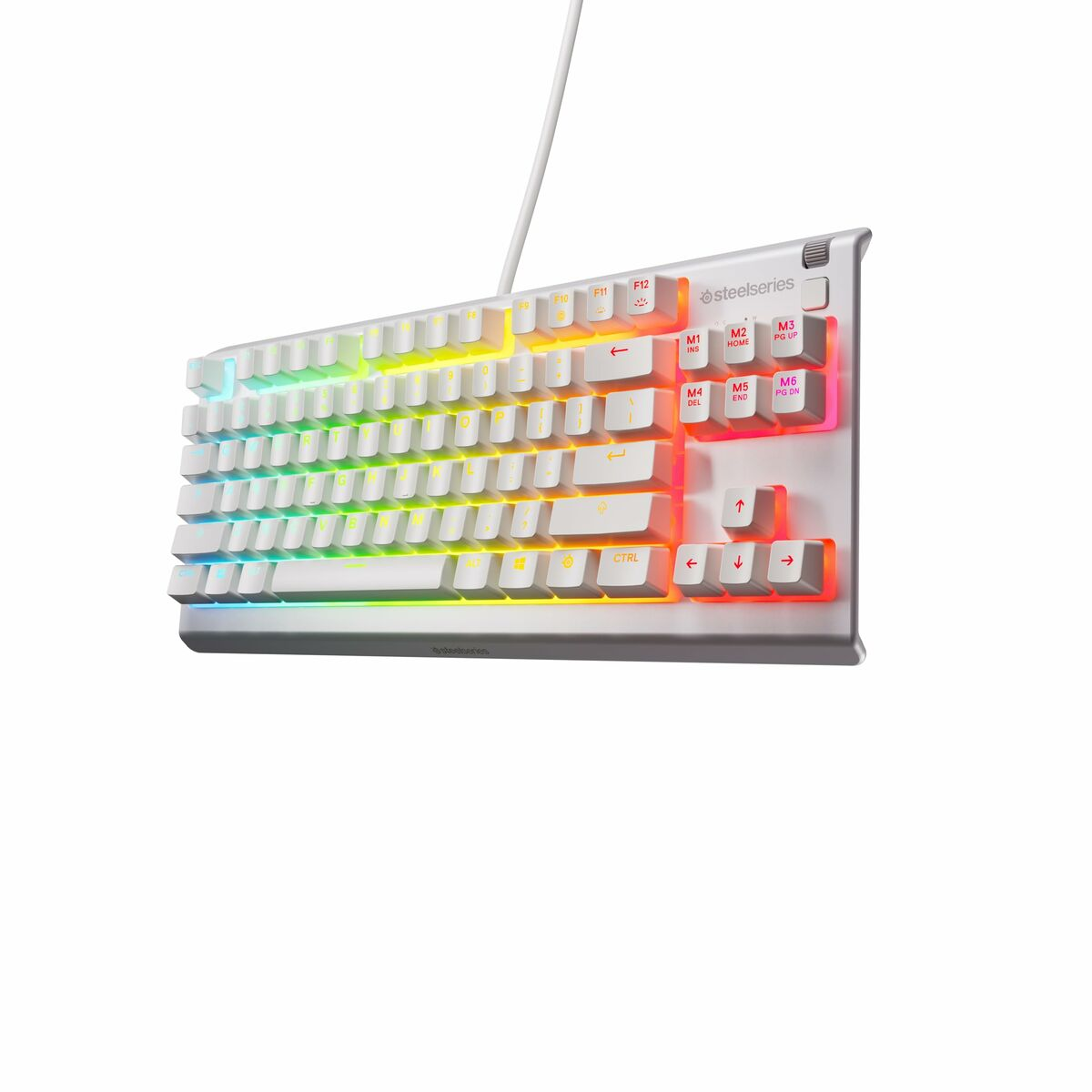 Tastiera meccanica bianca con illuminazione RGB, mostra i tasti F1-F12 e le frecce.