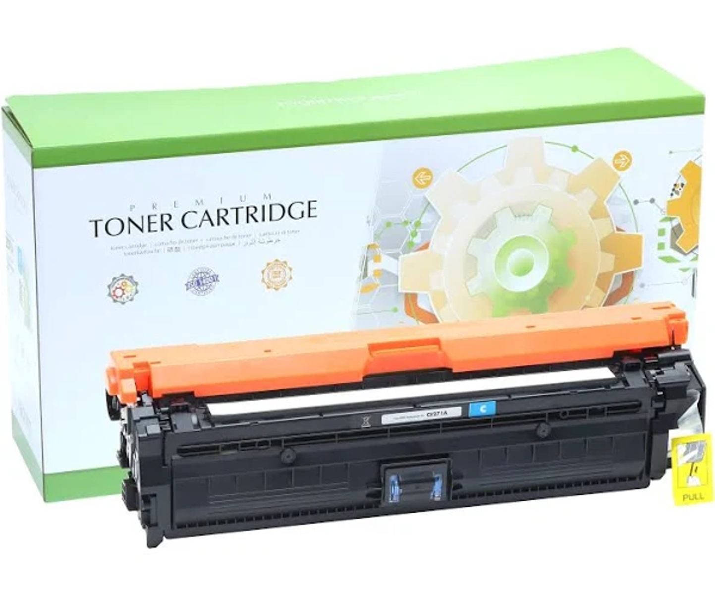 Una cartuccia toner nera con accenti arancioni è davanti alla sua scatola verde e bianca.