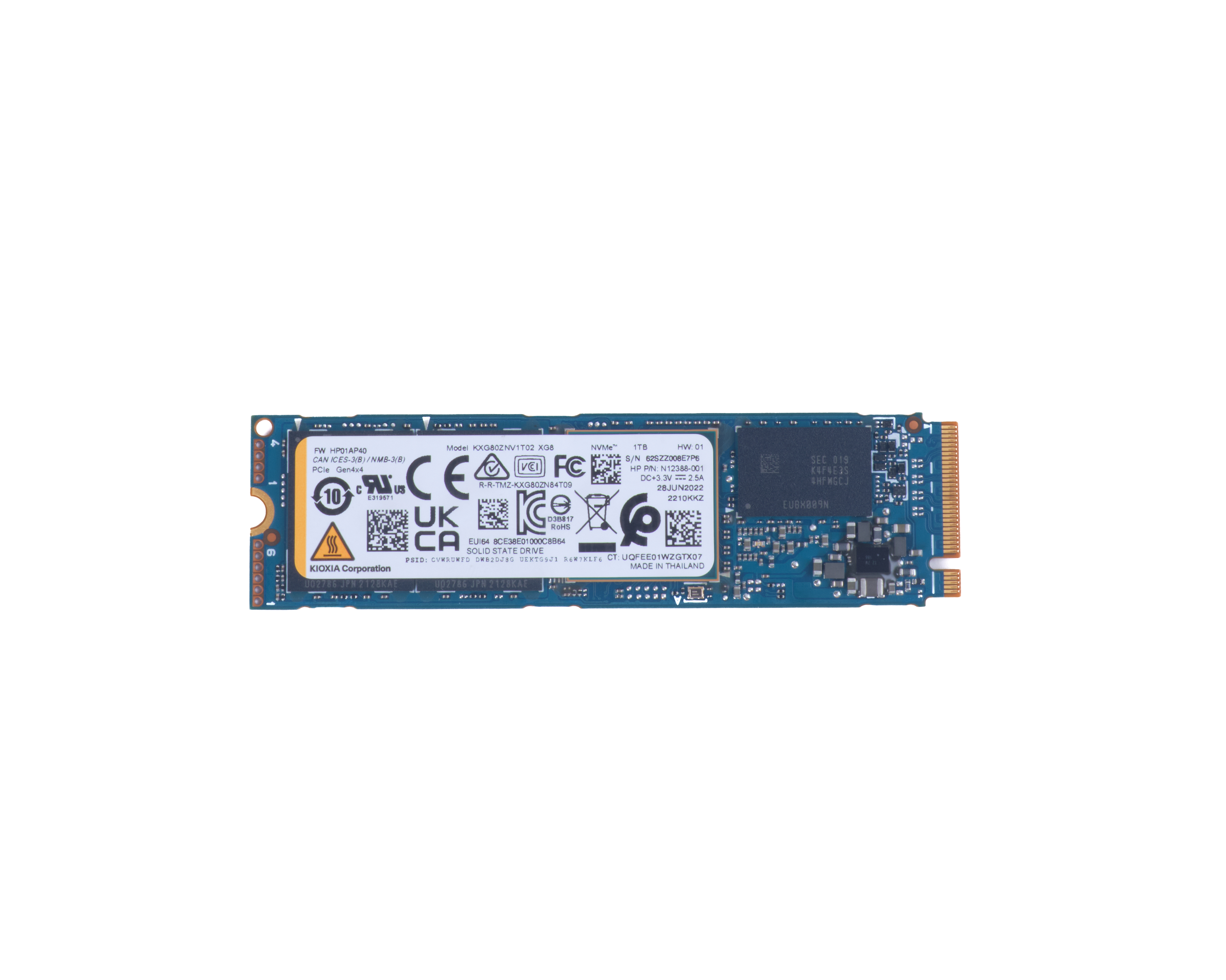 Scheda blu con testo e chip. Modello KXG80ZNV1T02 XG8, SSD NVMe da 1TB.