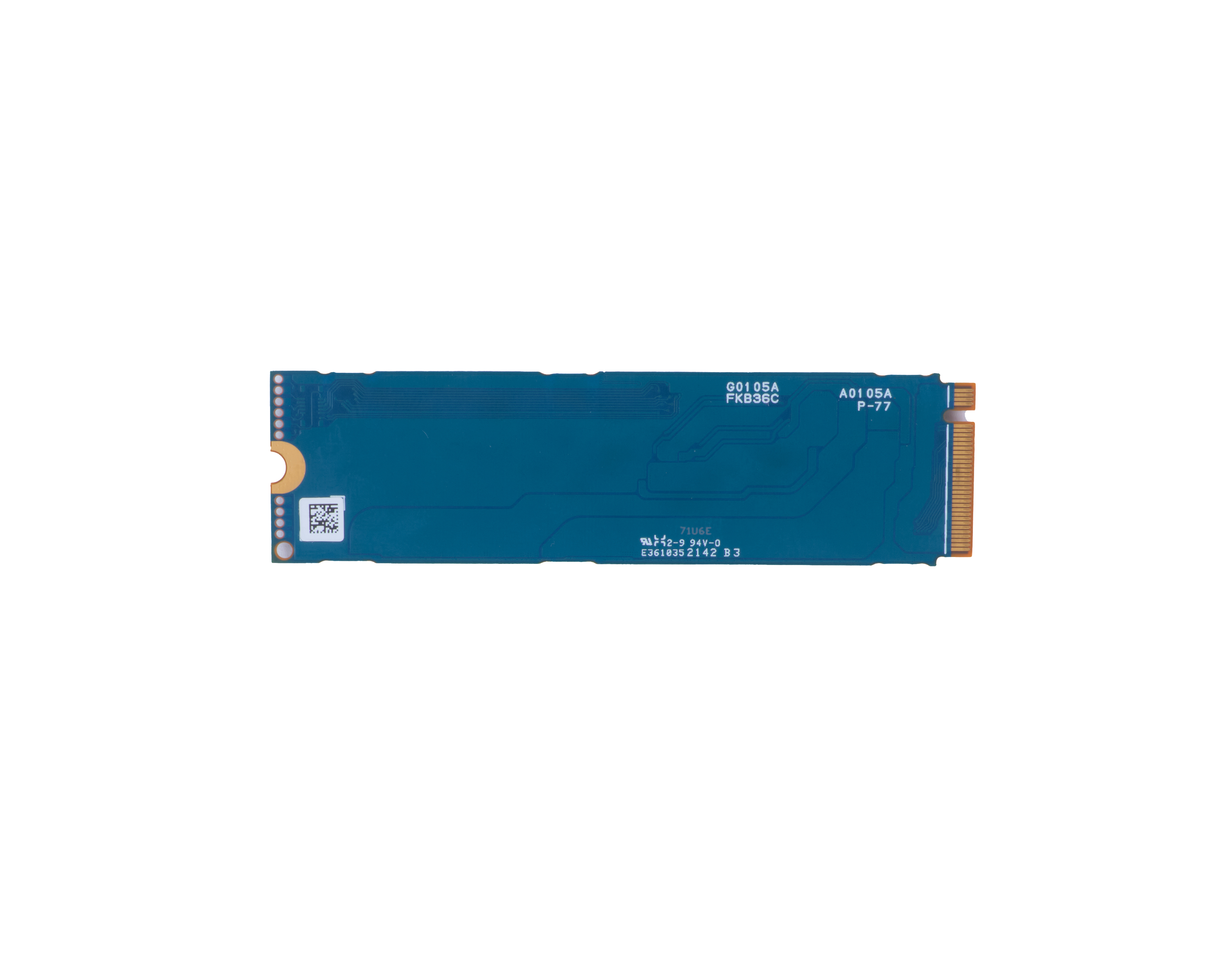 Scheda di circuito blu con connettore dorato e marcature nere.