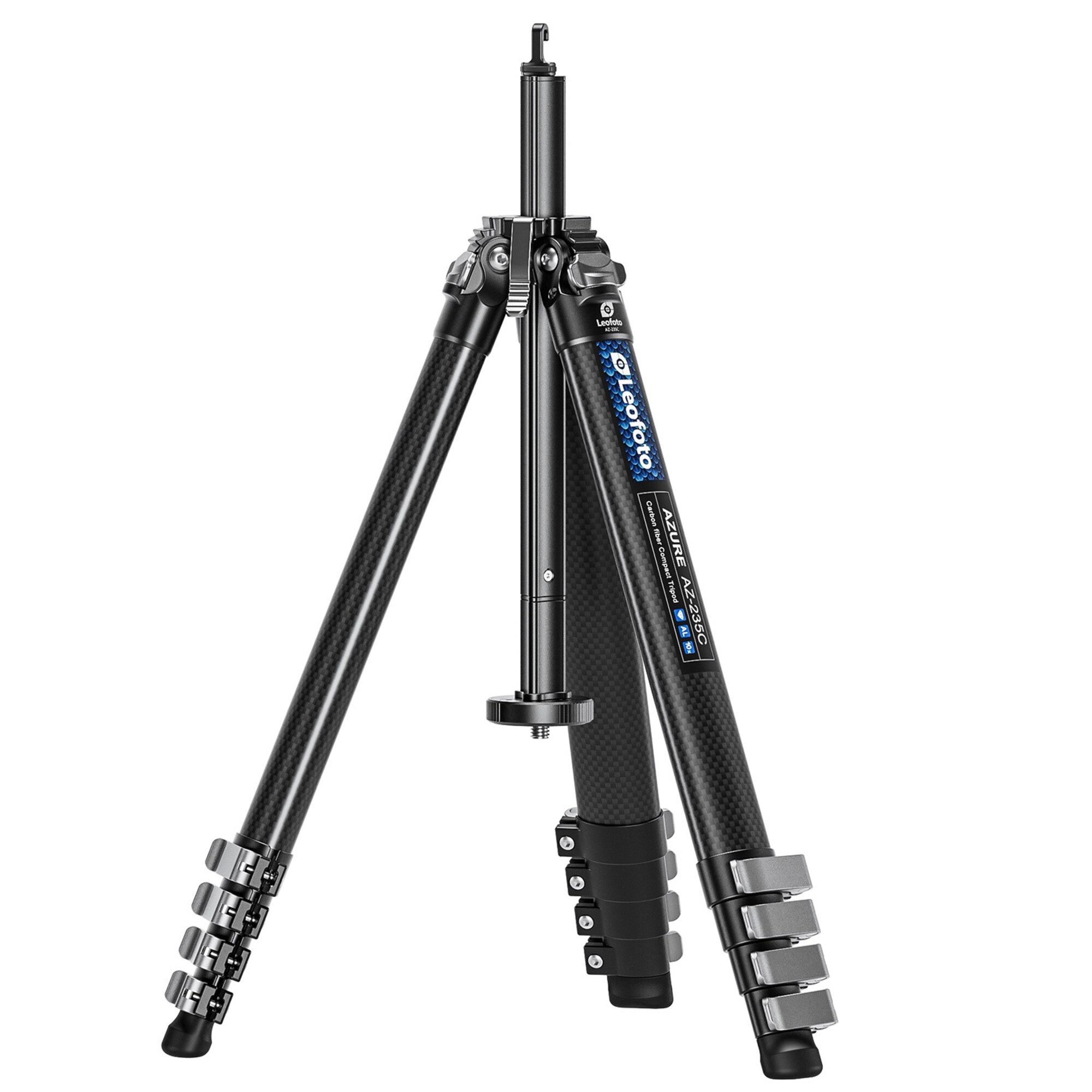 Ein schwarzes Leofoto AZURE AZ-235C Carbonfaser-Stativ mit silbernen Klemmen.