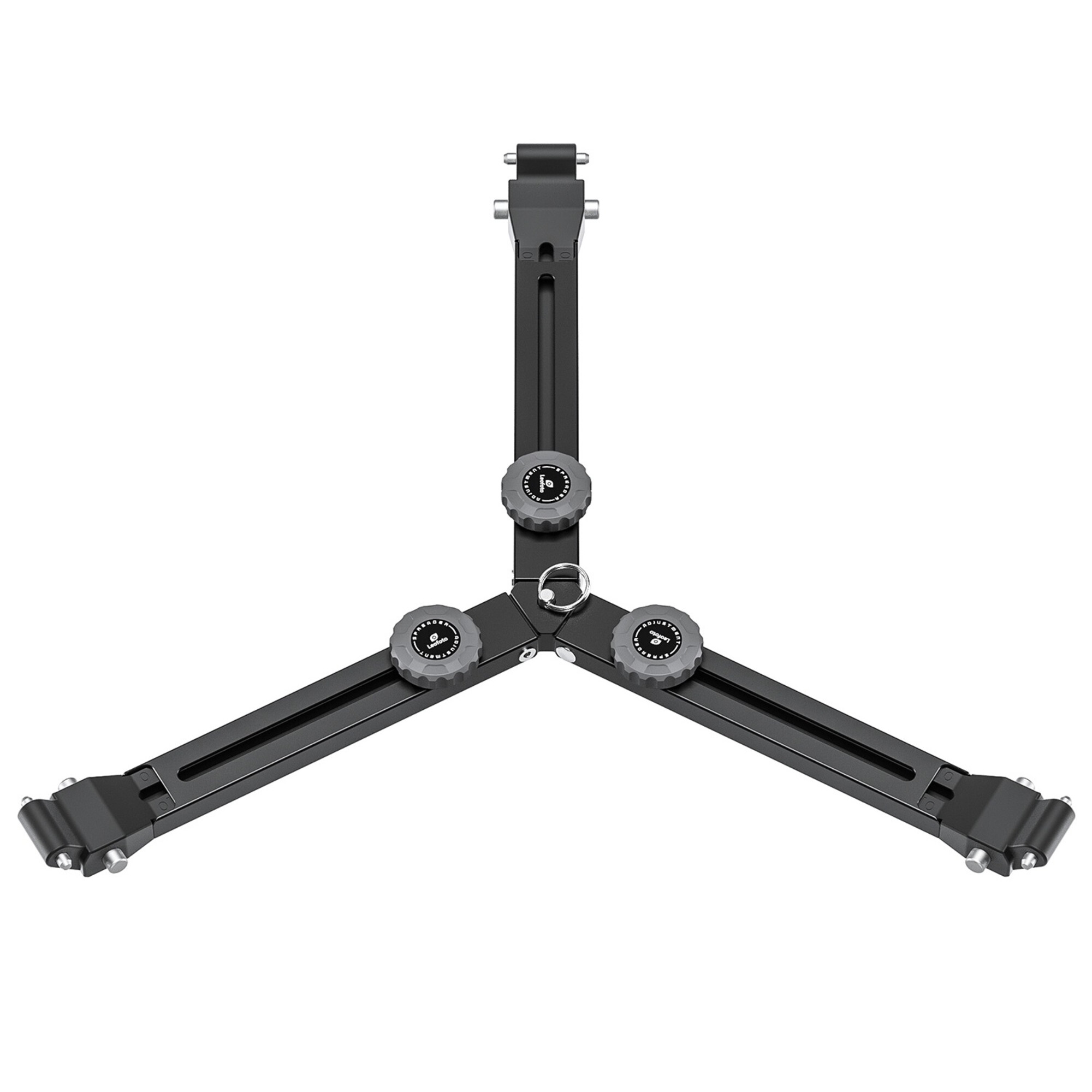 Ein schwarzer Stativ-Stabilisator mit drei Armen und grauen Stellknöpfen.