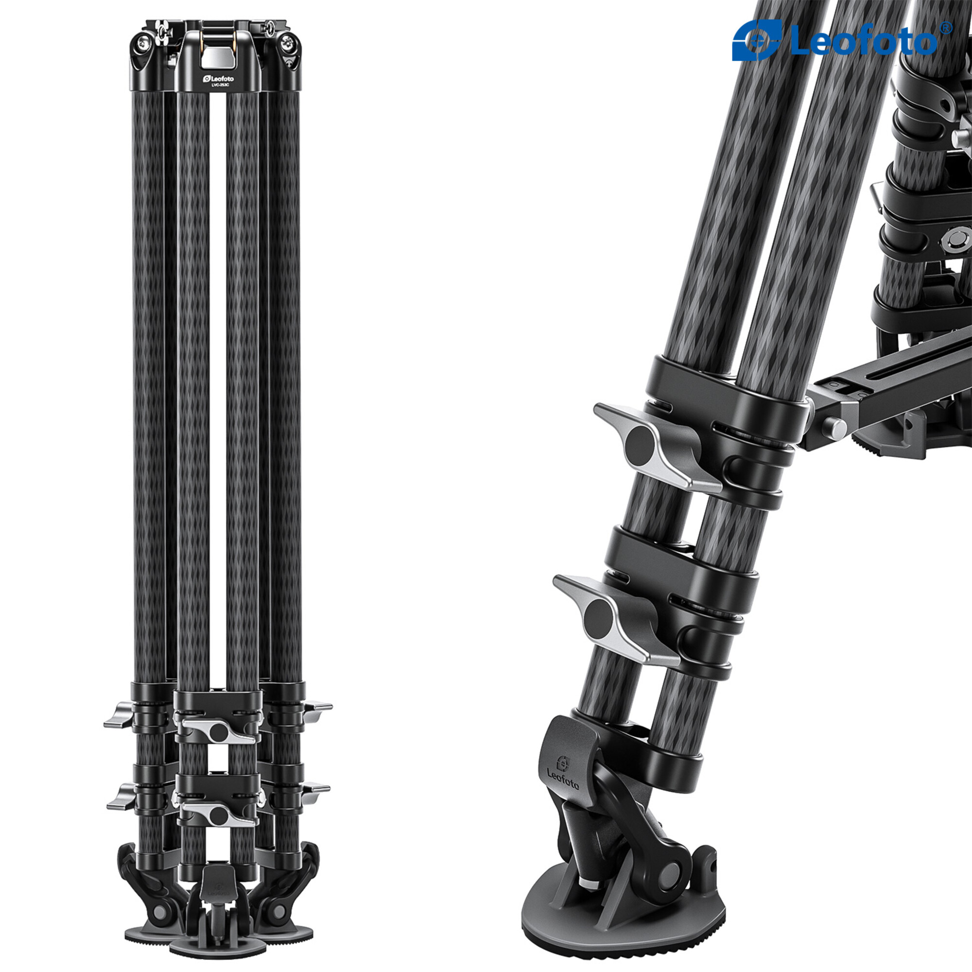 Ein carbonfaser Stativ mit schwarzen Klammern und silbernen Hebeln.