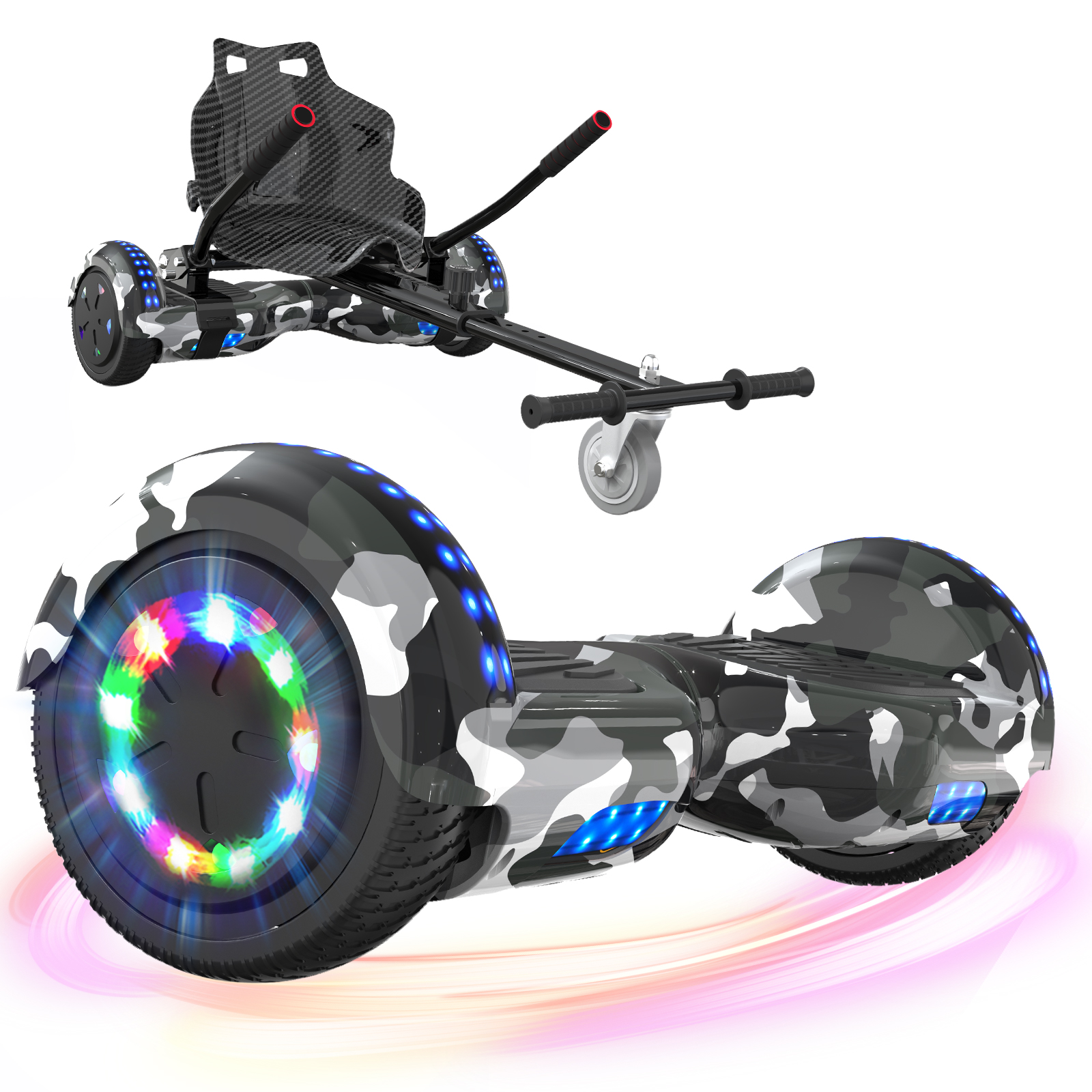 Hoverboard mimetico con sedile go-kart attaccato, con ruote LED colorate.