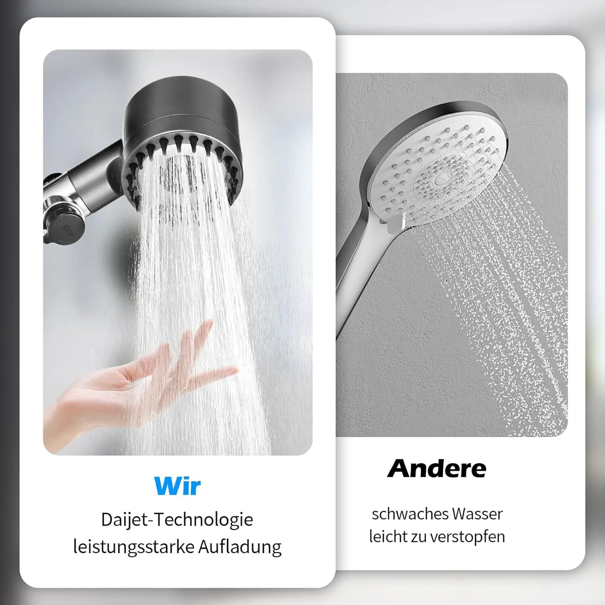 Zwei Duschköpfe. Einer sprüht starkes Wasser auf eine Hand. Der andere sprüht schwaches Wasser.