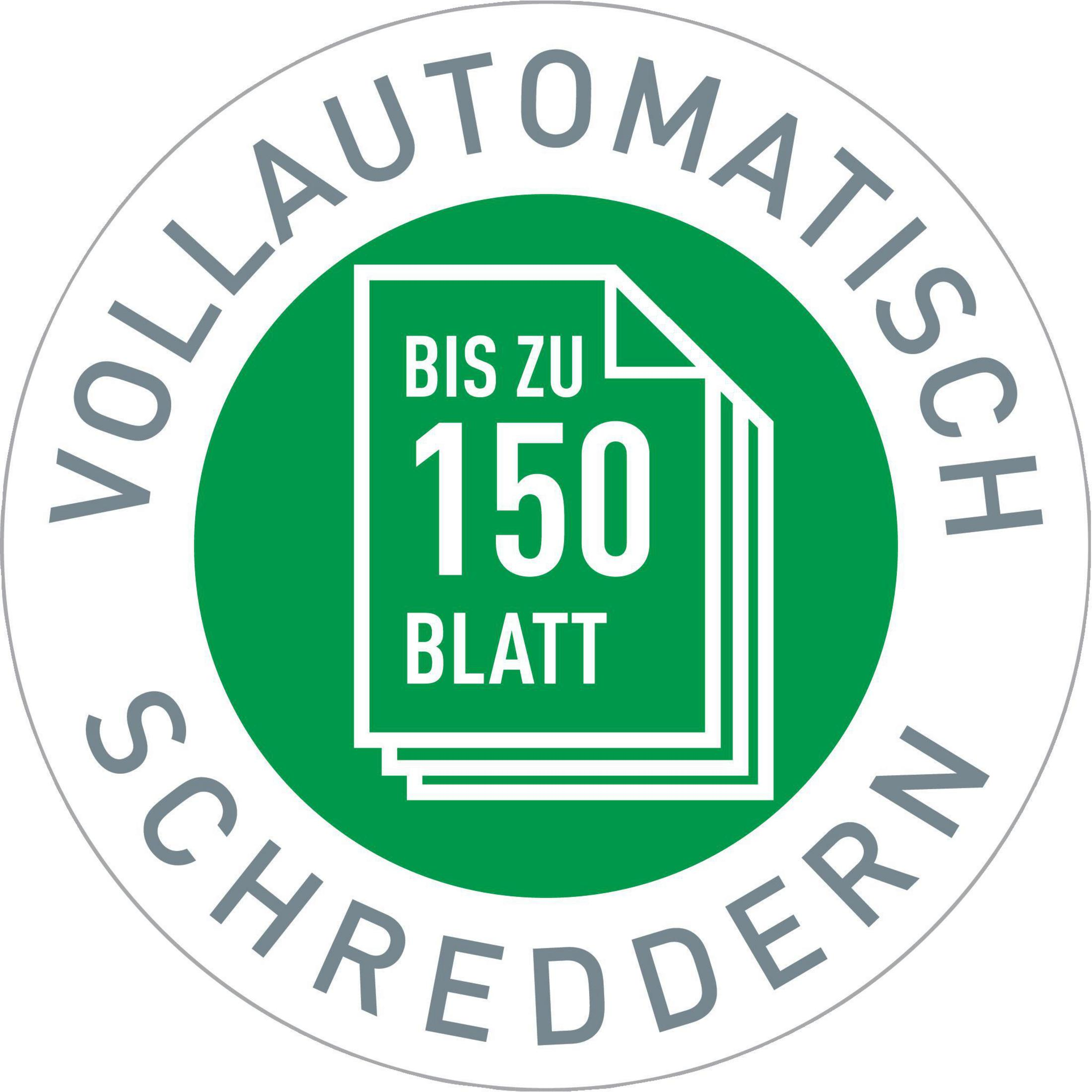 Logo przedstawia zielone koło z napisem 'BIS ZU 150 BLATT' i 'VOLLAUTOMATISCH SCHREDDERN'.