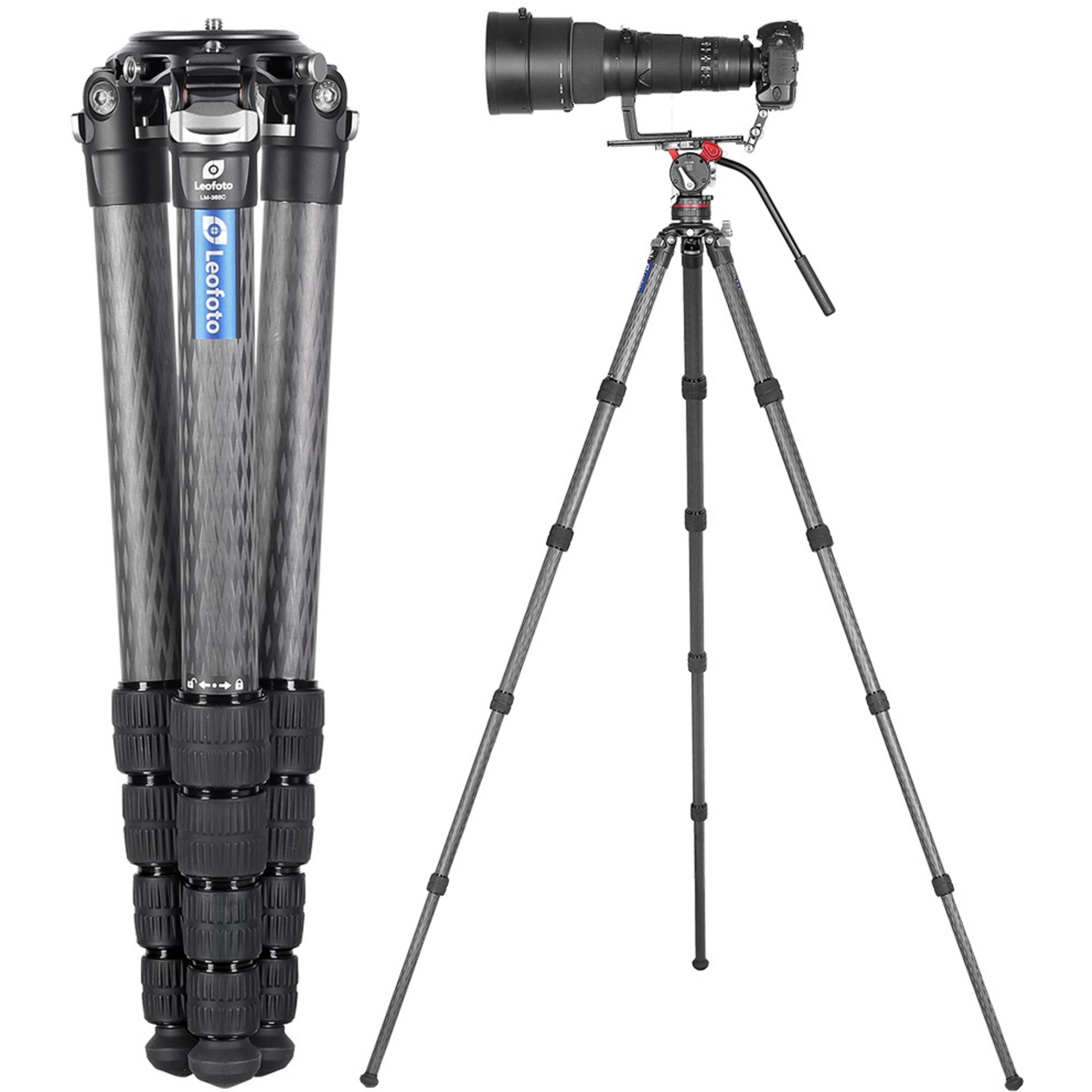 Ein Leofoto Carbon-Stativ, einmal zusammengeklappt und einmal mit Kamera.