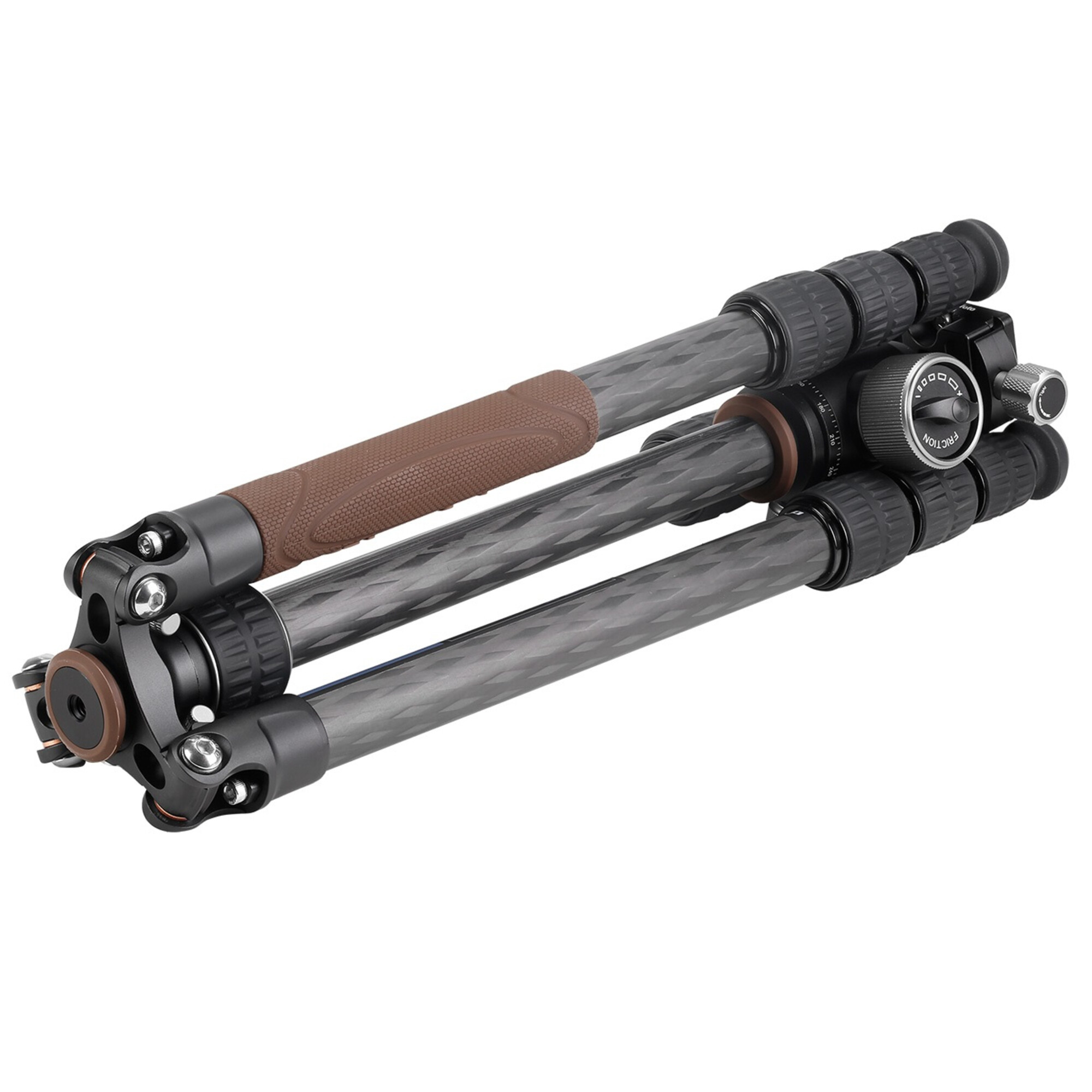 Ein schwarzer Carbon-Stativ mit braunem Griff und silbernen Bedienelementen.