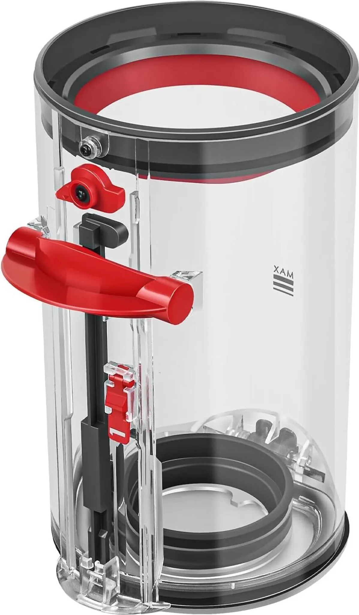 Klarer Staubbehälter mit roten und schwarzen Akzenten, mit Entriegelungshebel und interner Mechanik.