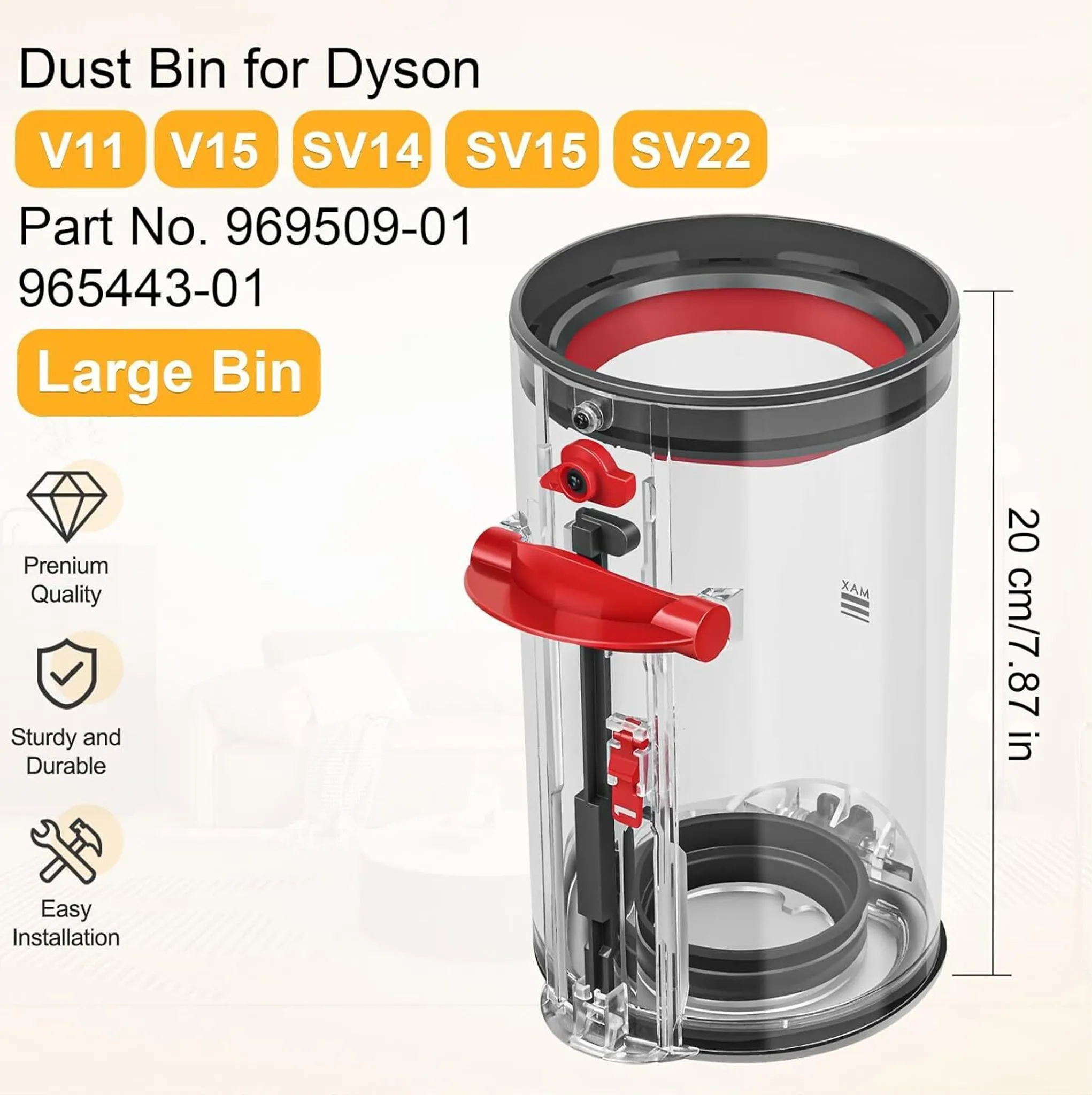 Dyson V11/V15/SV14/SV15/SV22 großer Staubbehälter. Klarsichtkunststoff mit rotem Entriegelungsmechanismus.