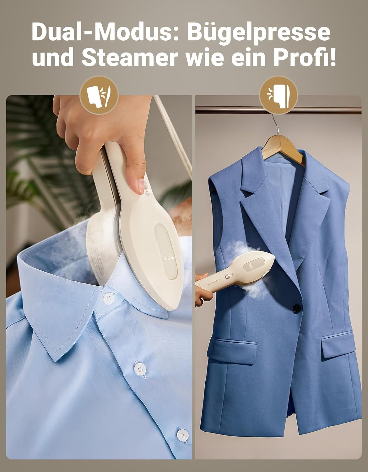 Ein Handdampfer bügelt ein blaues Hemd, während ein anderer einen blauen Blazer glättet.
