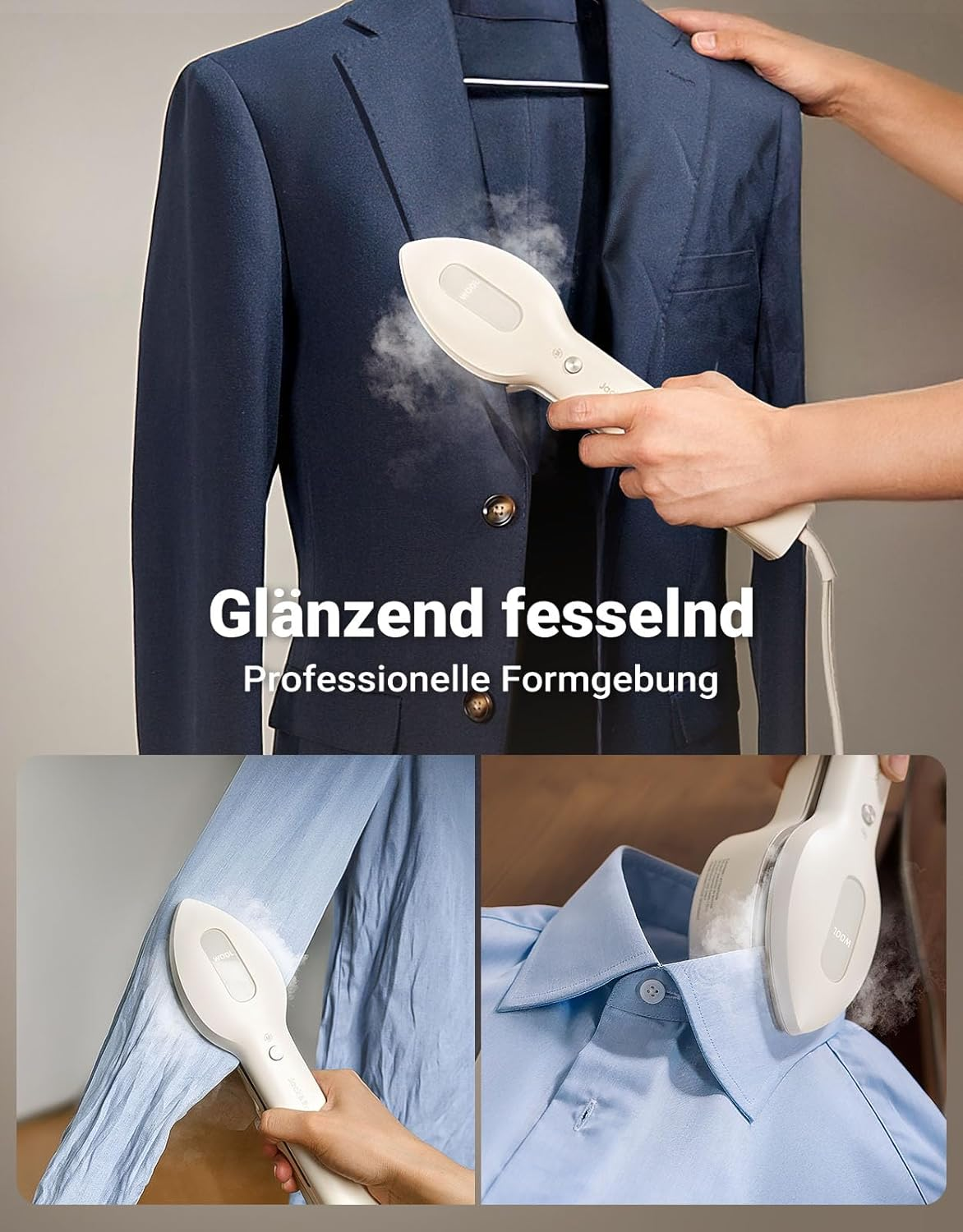Hand dampft einen marineblauen Anzugsakko und blaue Hemden, um Falten zu entfernen.