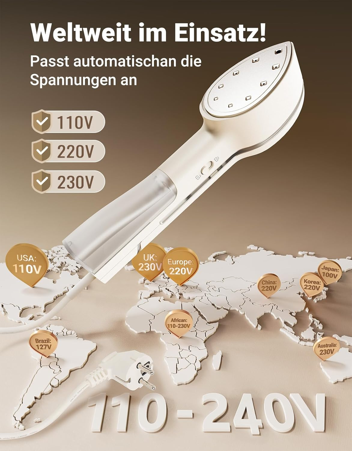 Ein weißer Dampfbügler mit Spannungsinformationen für verschiedene Länder auf einer Weltkarte.