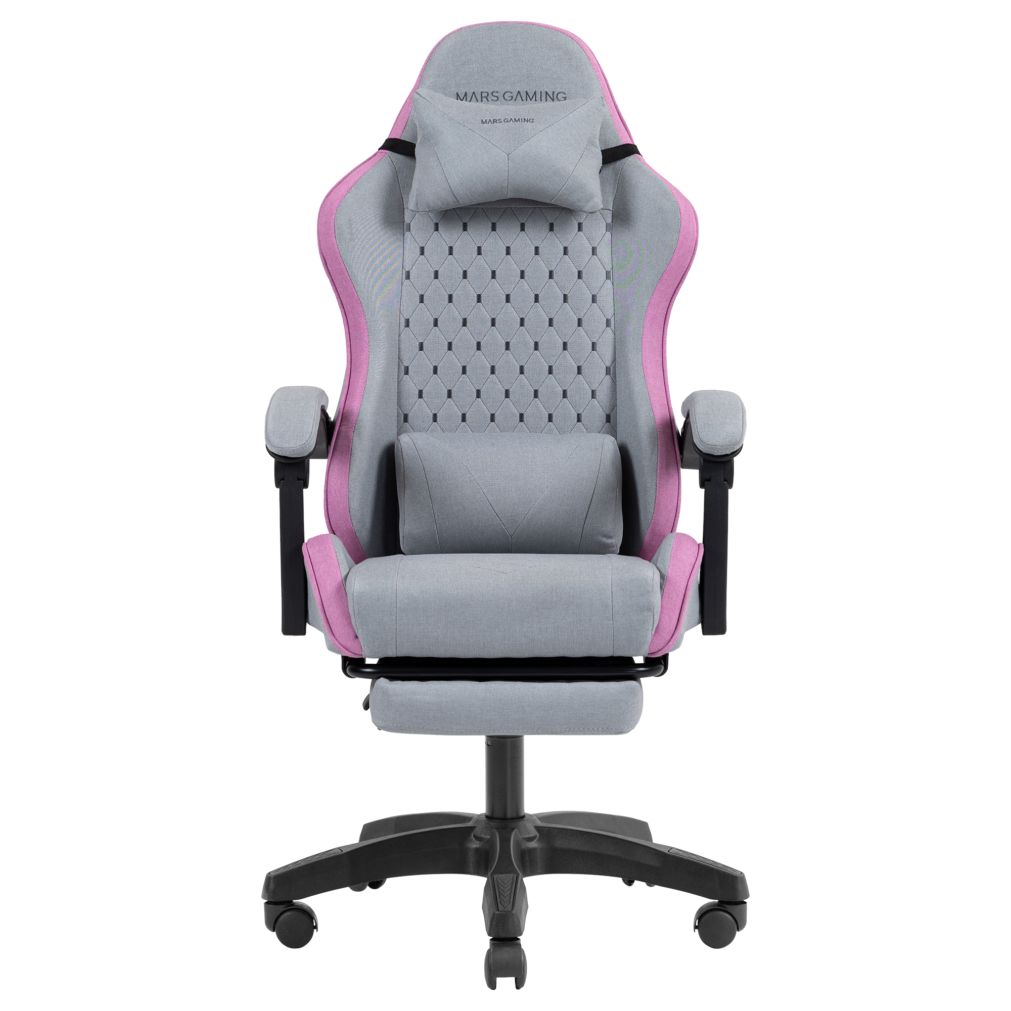 Silla gamer gris con ribete rosa, reposabrazos, reposacabezas y reposapiés ajustables.