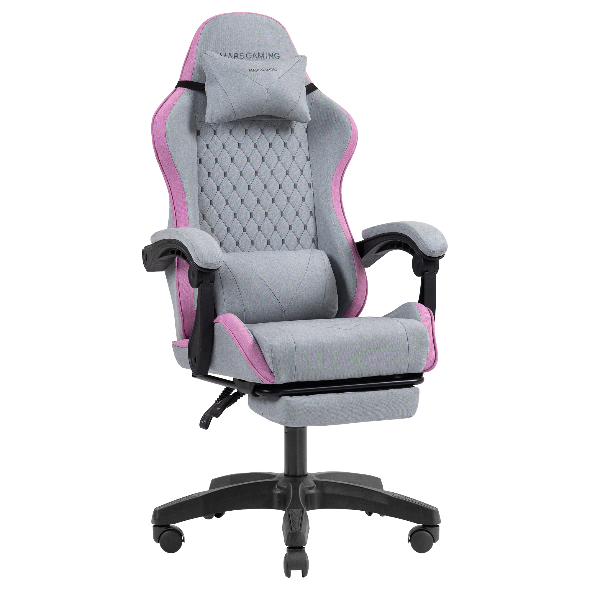Silla gamer gris con detalles rosas, ajustable, con cojines de cabeza y lumbares.