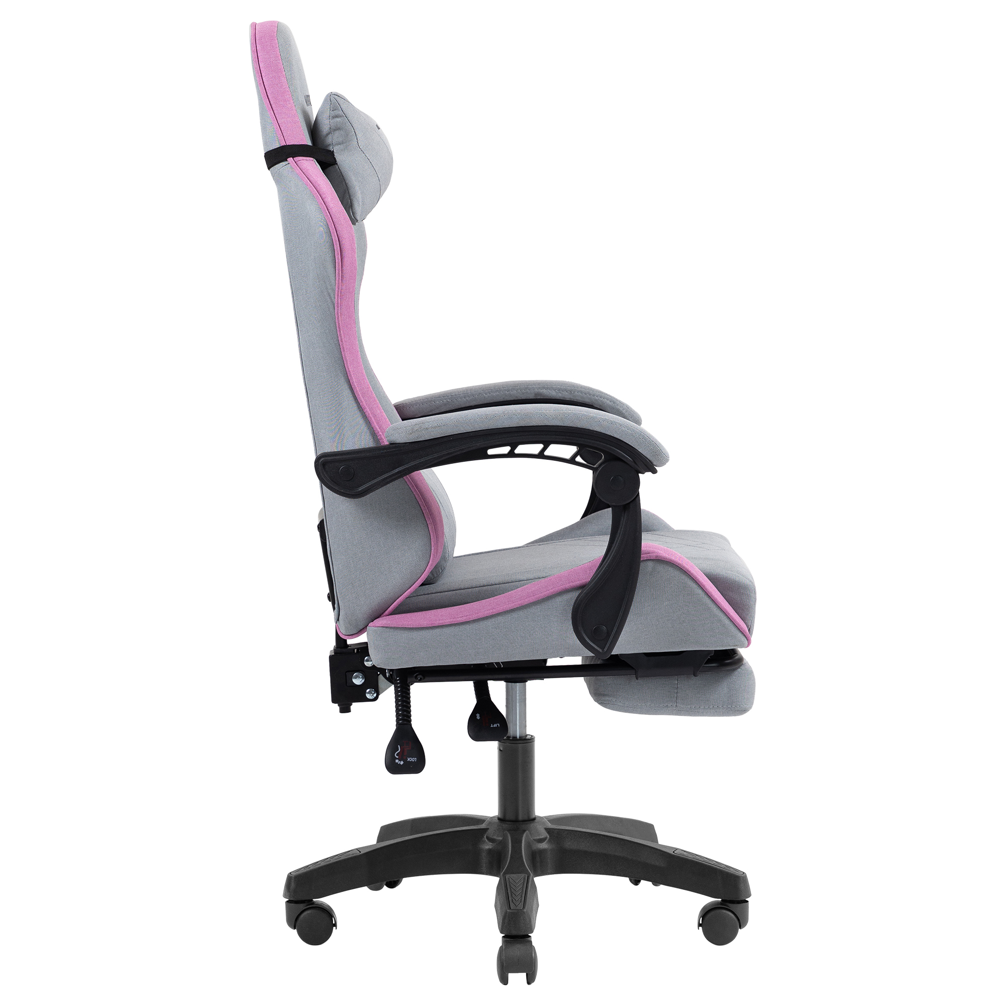 Silla gaming gris con detalles rosas, reposabrazos y reposapiés ajustables.