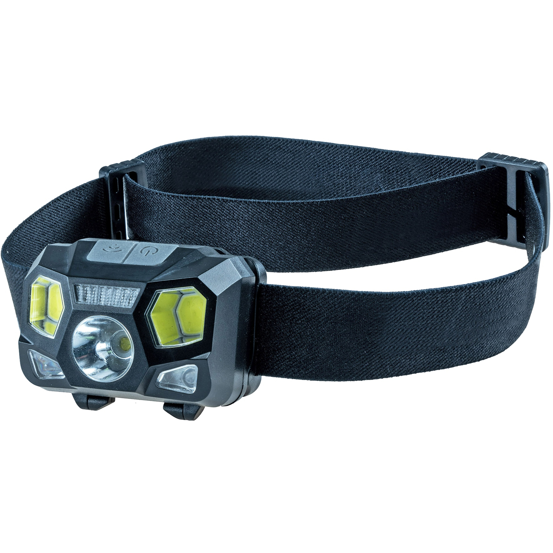 Faretto da testa nero con cinturino regolabile e luci multiple.
