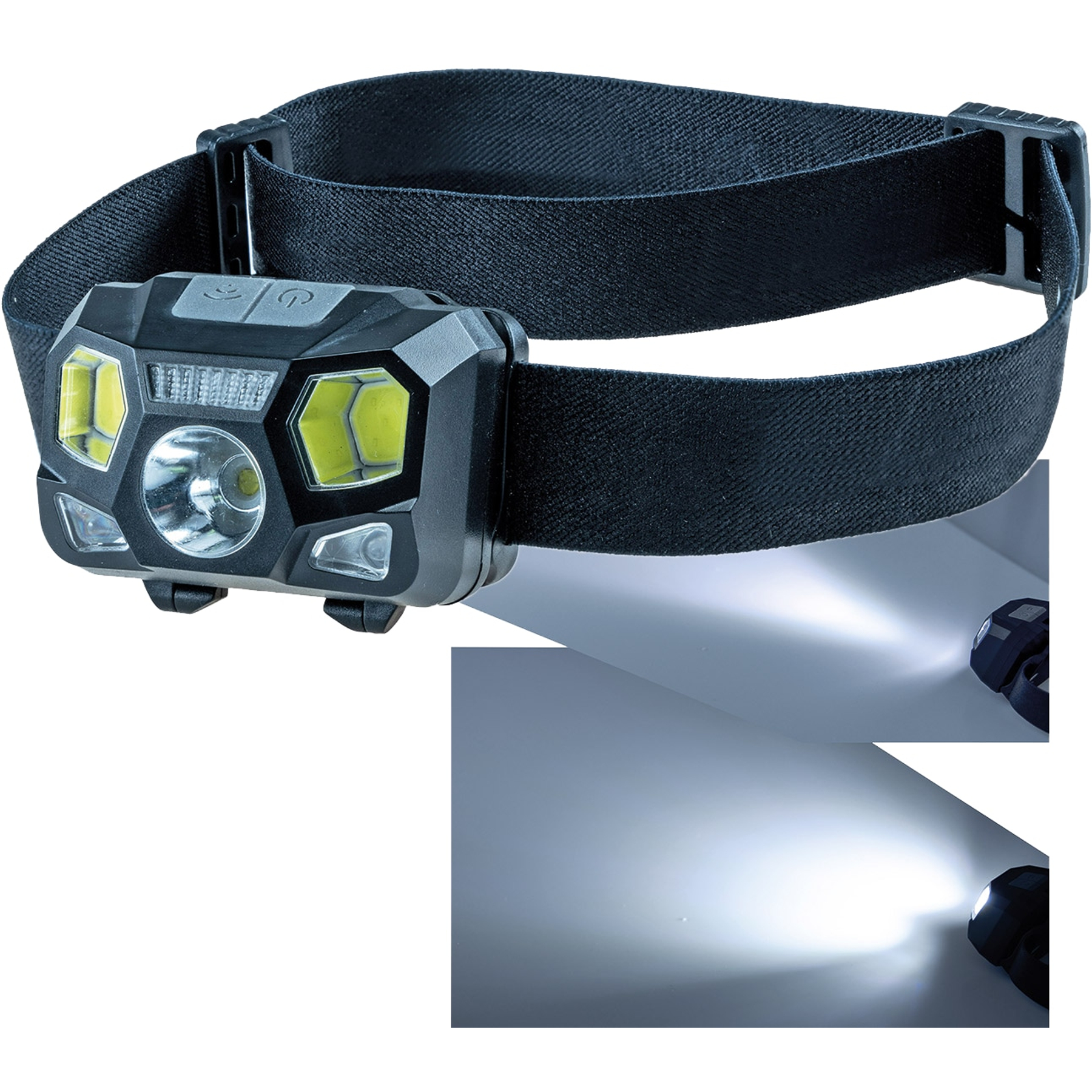 Faro nero con cinghia regolabile, luci LED multiple e fasci proiettati.