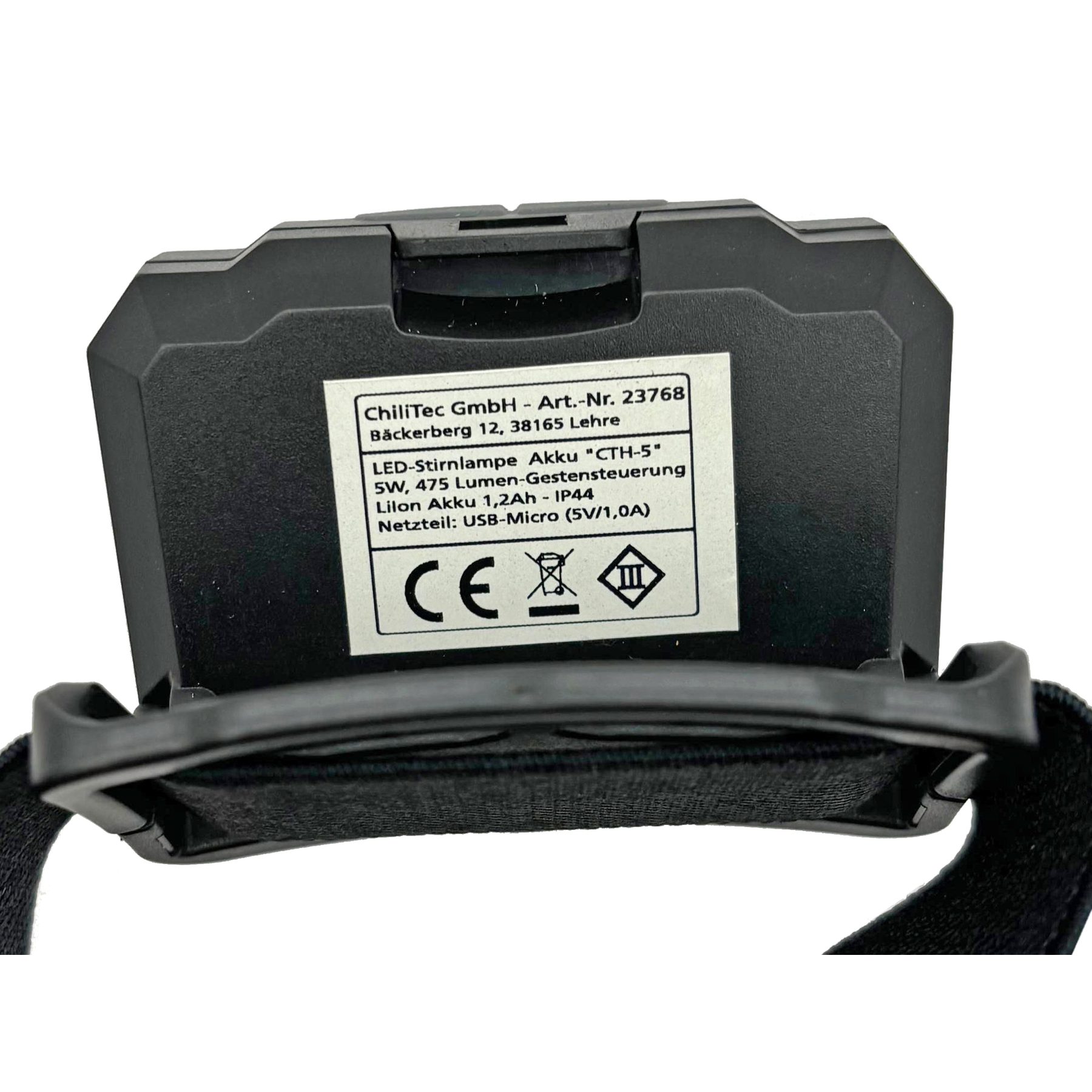 Lampada frontale LED nera con etichetta: 5W, 475 lumen, IP44.
