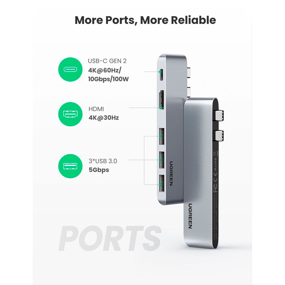 Srebrny hub USB-C z portami USB-C, HDMI i 3 portami USB 3.0.
