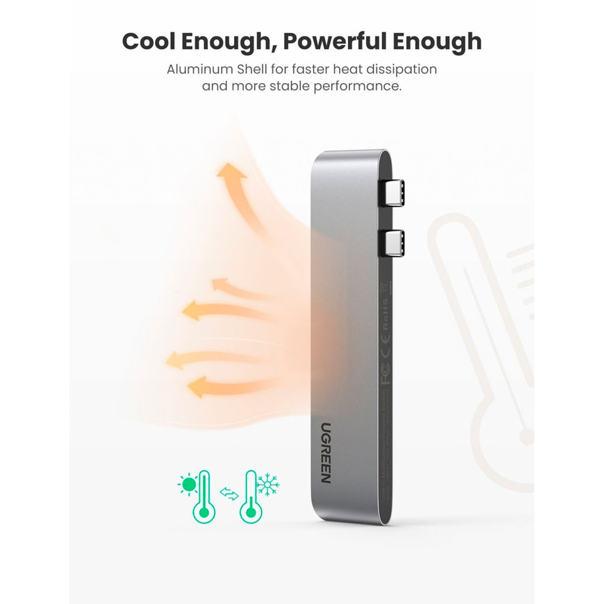 Srebrny hub USB-C z dwoma portami, pokazujący rozpraszanie ciepła i ikony temperatury.