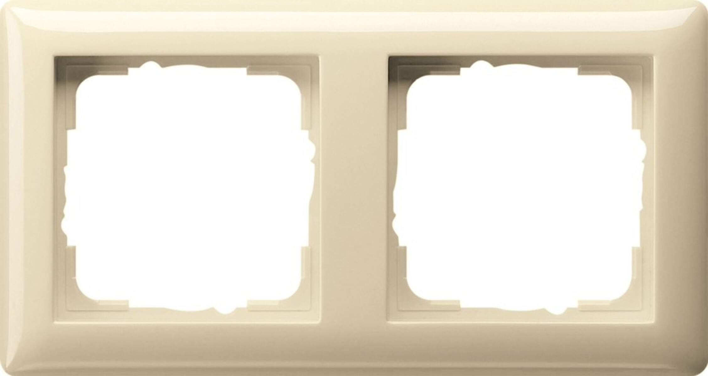 Una placca copri-interruttore doppia beige con due aperture quadrate.