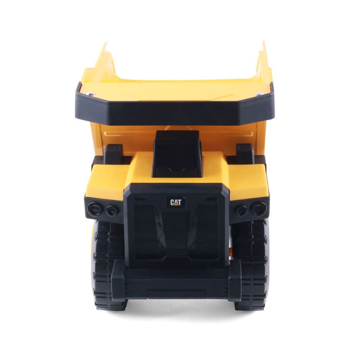 Un camion ribaltabile giocattolo giallo CAT è mostrato frontalmente, con accenti neri.