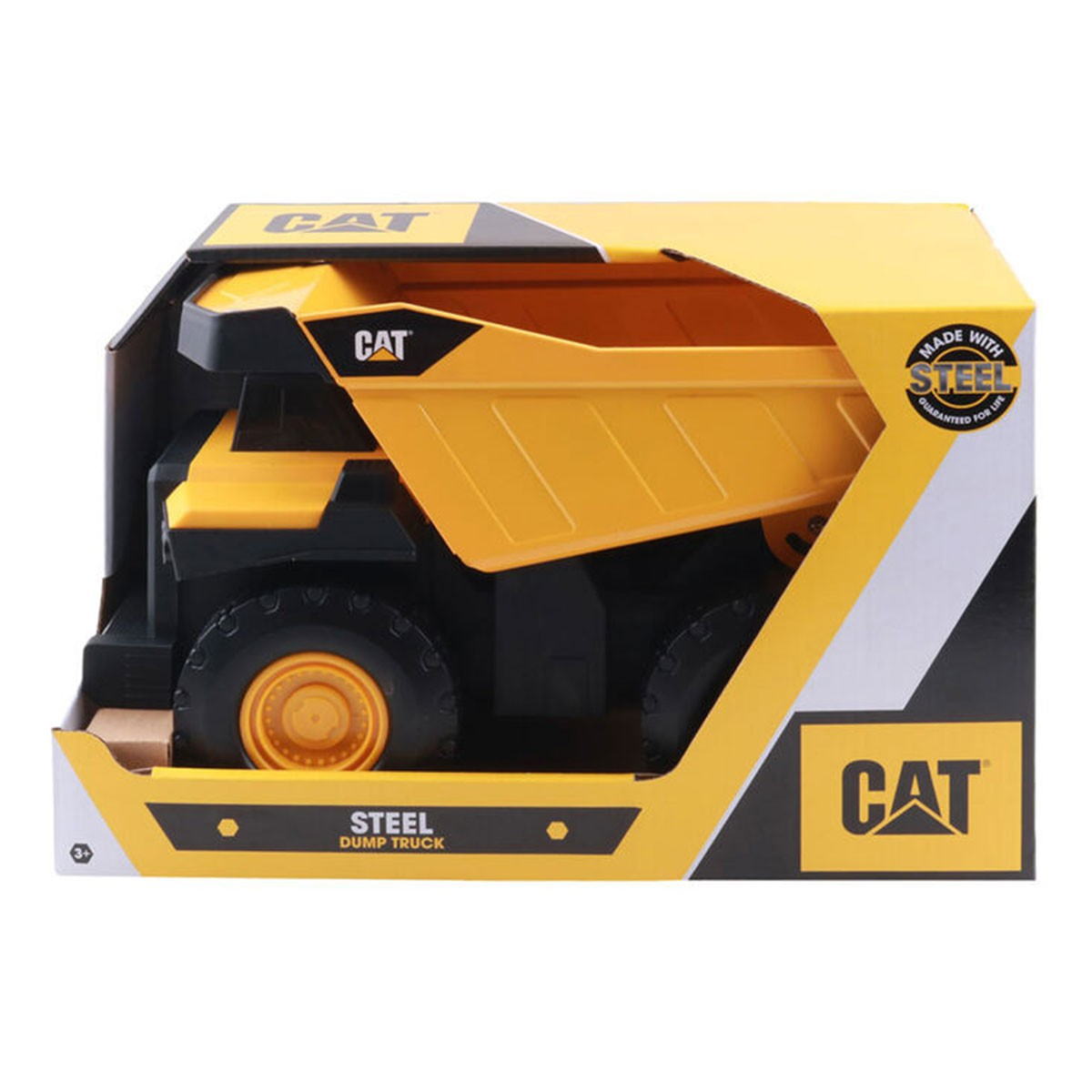 Giocattolo dumper CAT giallo nella sua confezione con loghi CAT e
