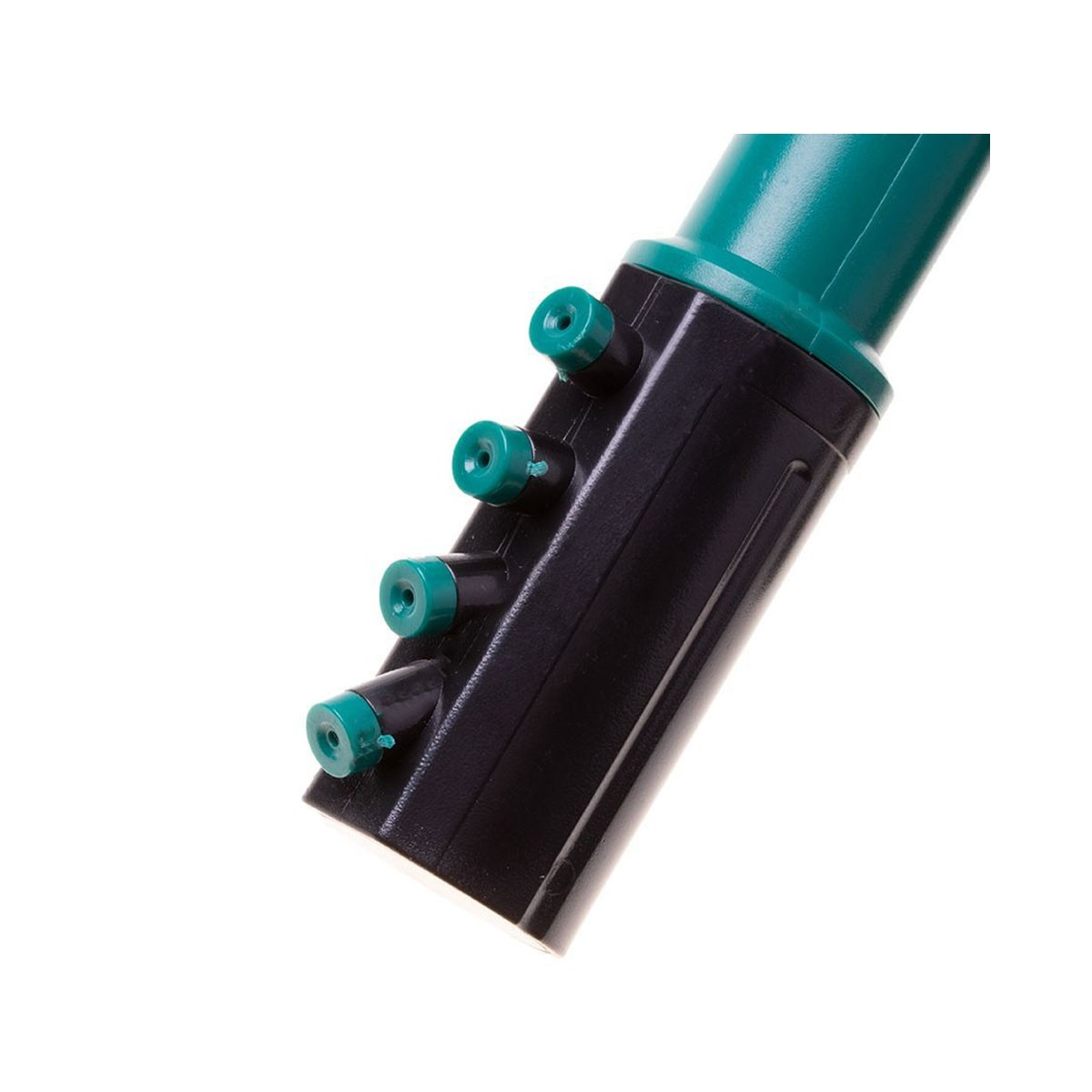 Un alloggiamento nero con tre ugelli verdi e un tubo verde sopra.