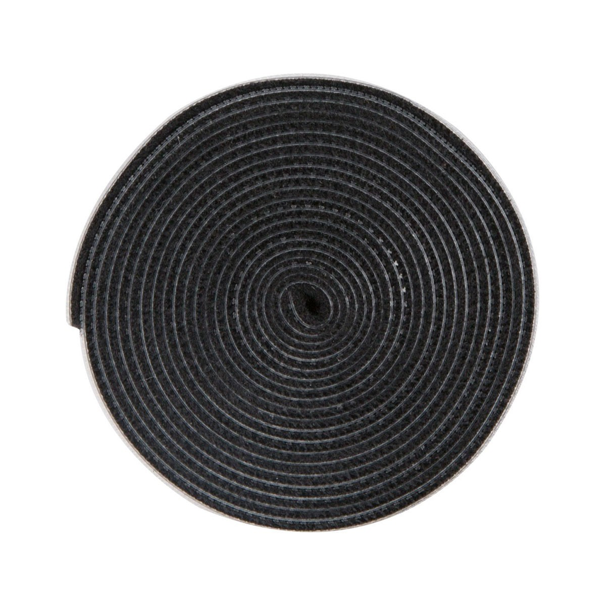 Un rotolo di materiale a gancio e anello nero, avvolto a spirale stretta.