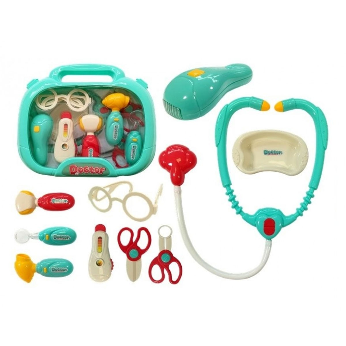 Un kit medico color ciano con strumenti medici giocattolo tra cui stetoscopio, termometro e forbici.