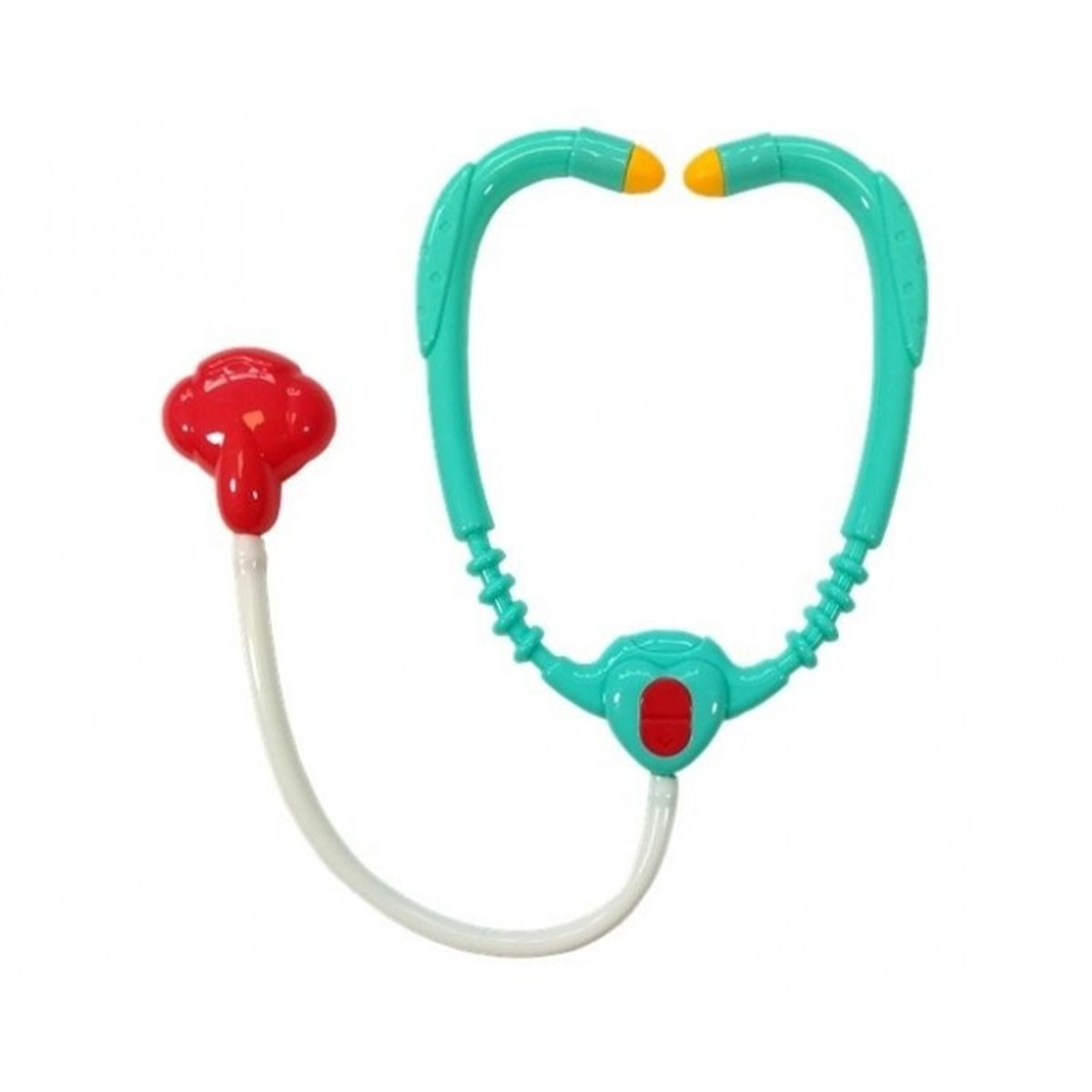 Uno stetoscopio giocattolo con campana rossa e tubo turchese, auricolari gialli.