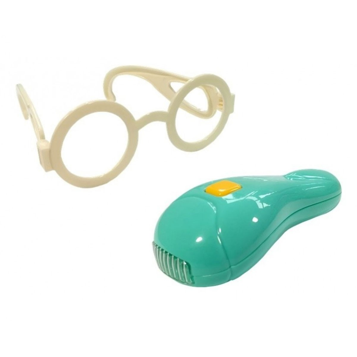 Occhiali rotondi beige e un oggetto turchese con bottone giallo.
