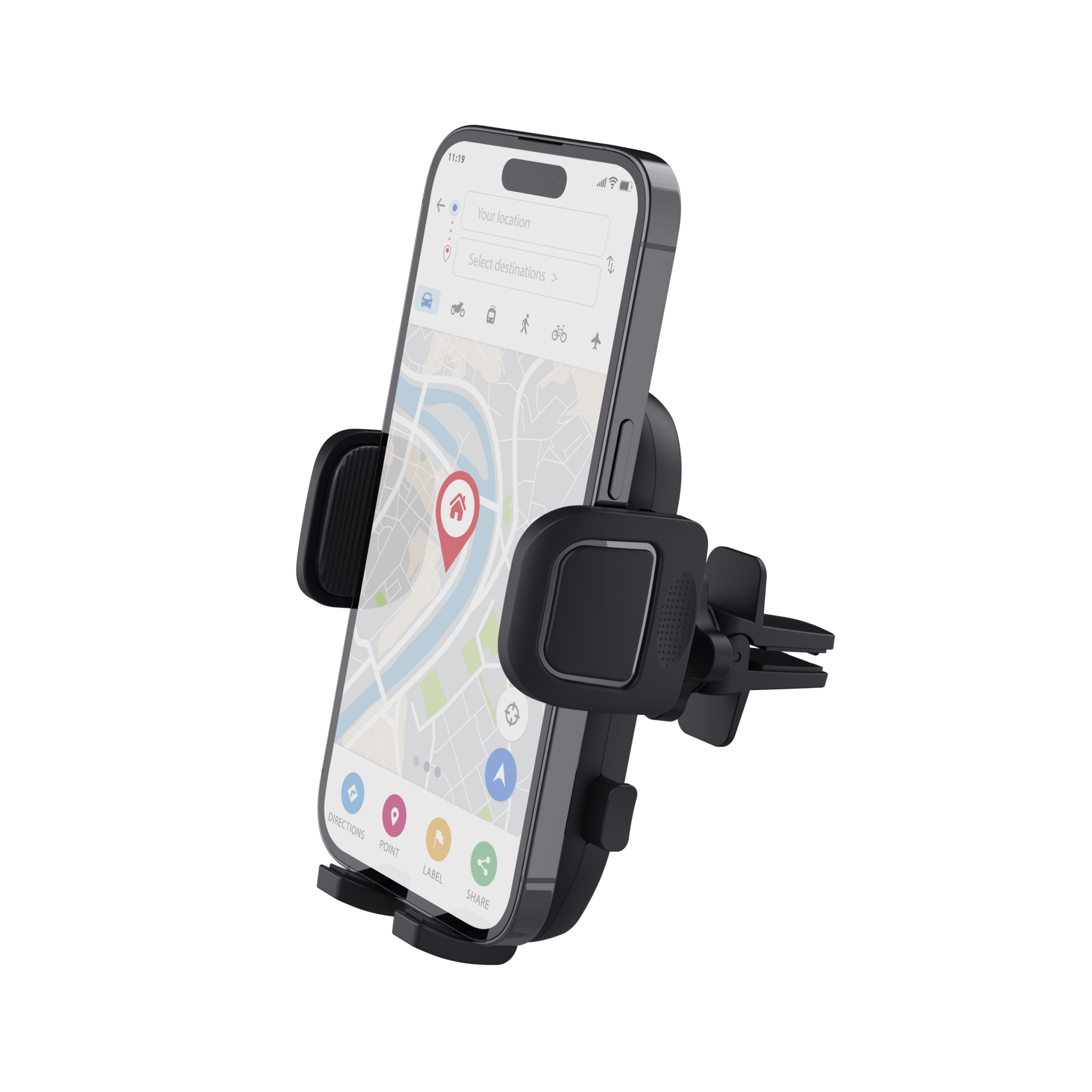 Un supporto per telefono nero tiene uno smartphone con un'app di navigazione e mappa.