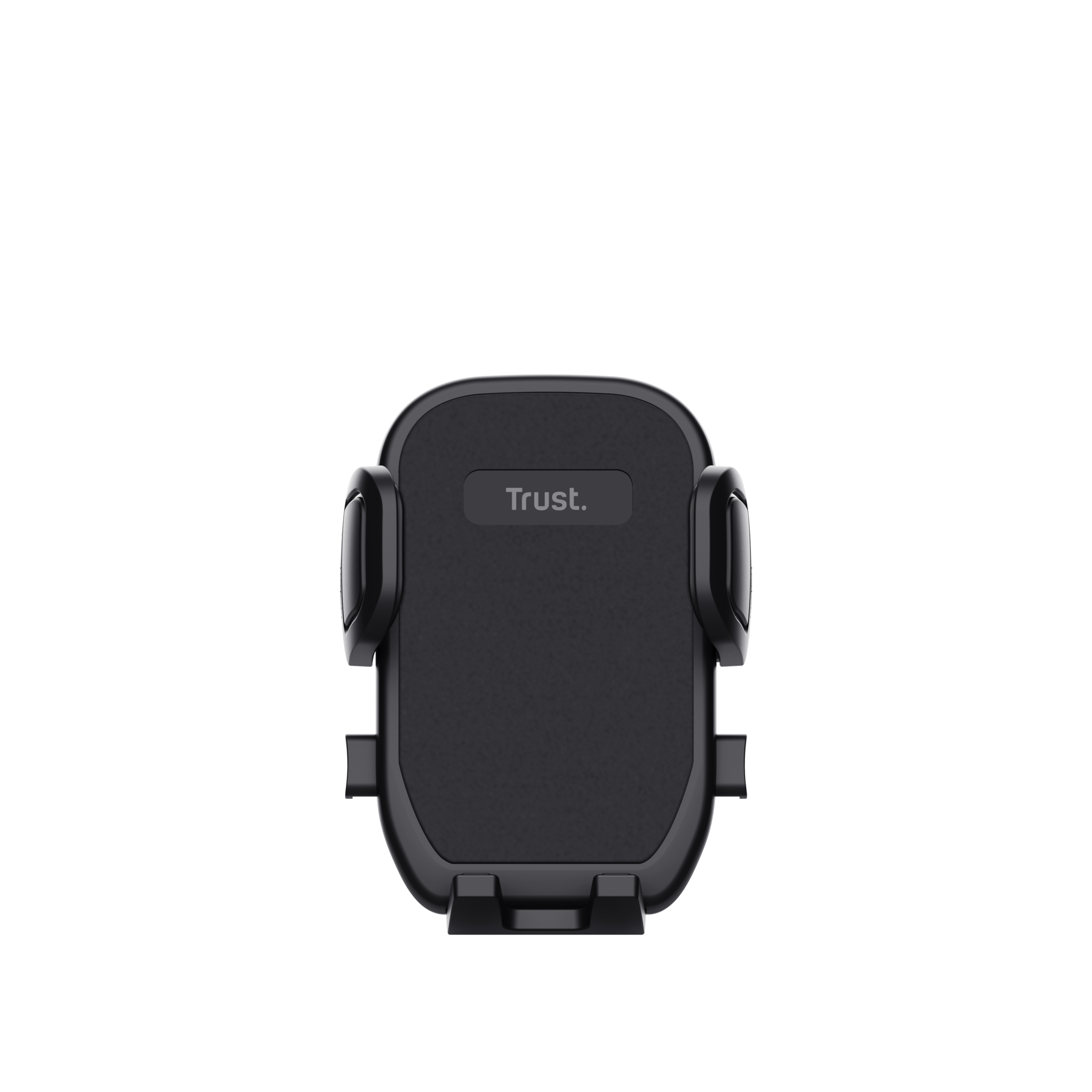 Zwarte telefoonhouder met "Trust."-logo. Witte achtergrond.