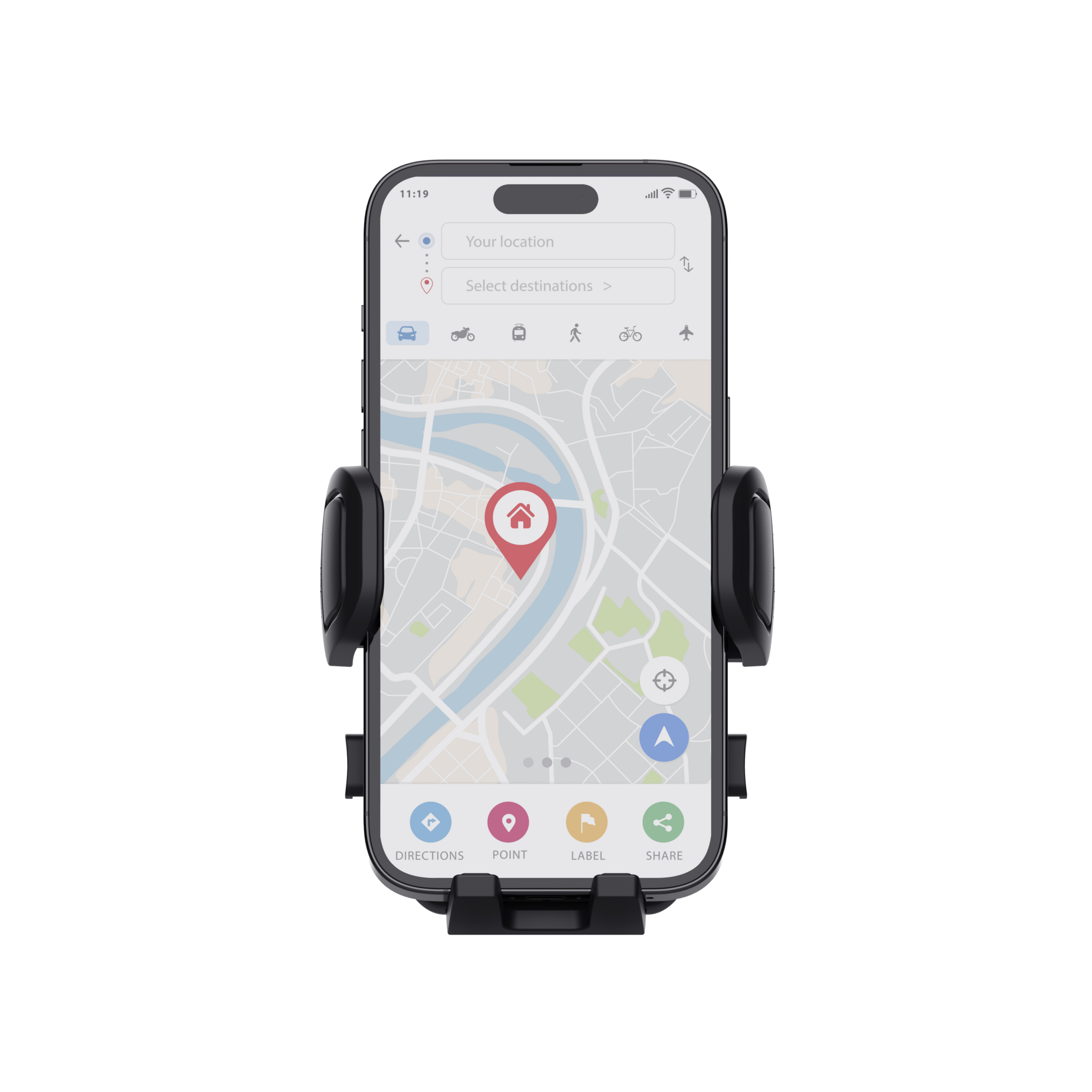 Uno smartphone in un supporto nero mostra un'app di navigazione con una mappa.
