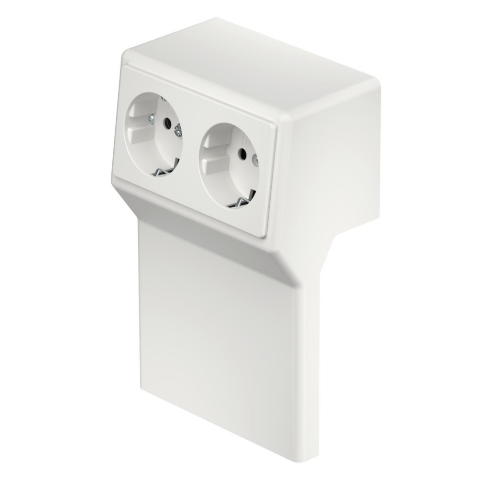 Doppia presa elettrica bianca con base angolata, isolata su bianco.