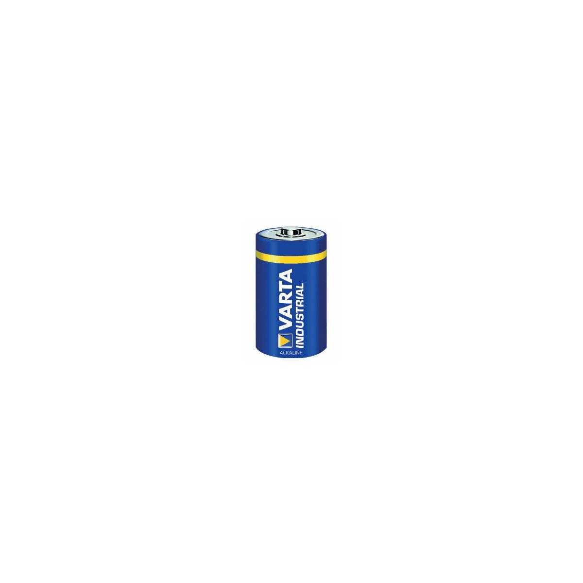 Una batteria alcalina Varta Industrial blu con testo giallo.