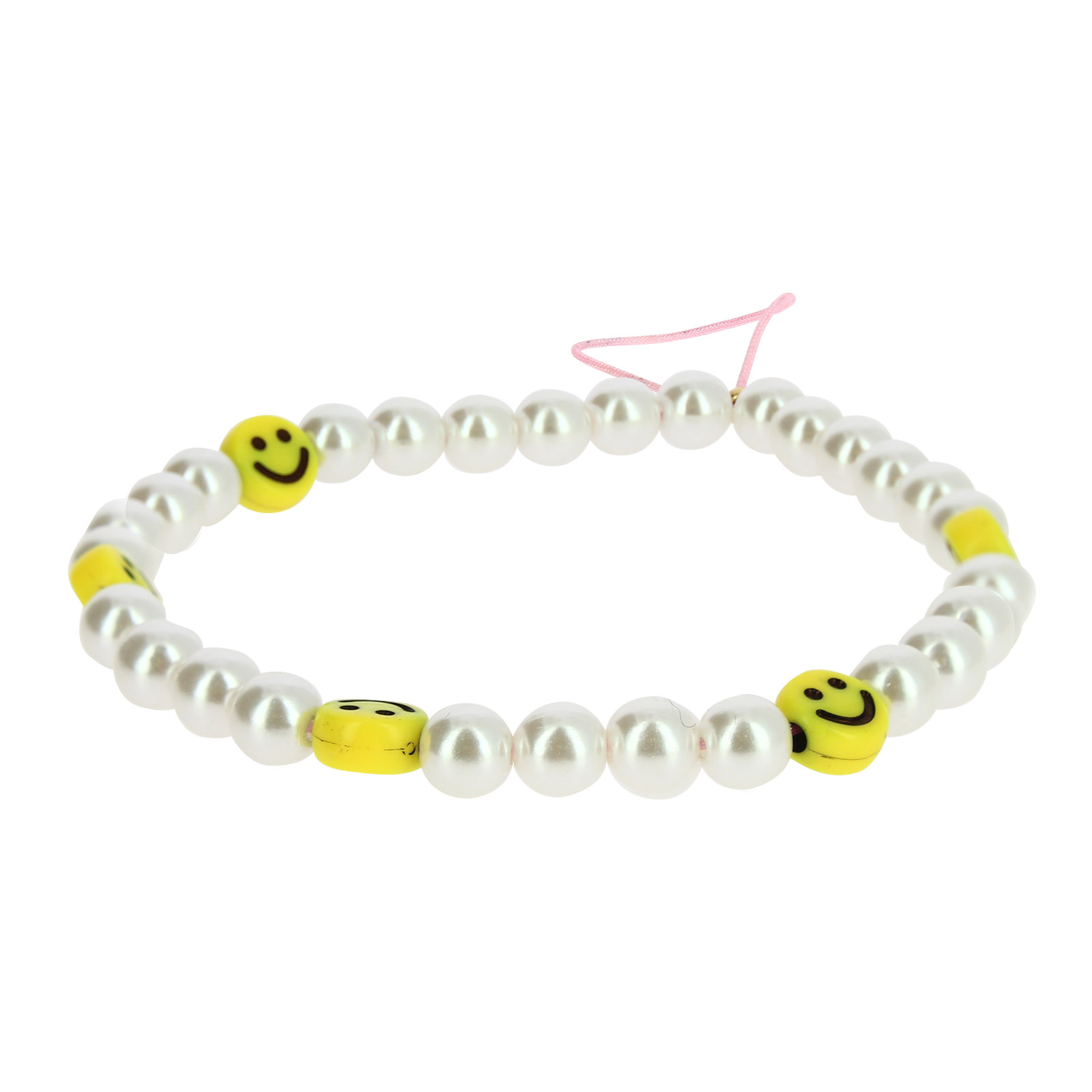 Un braccialetto di perle con perline smiley gialle e filo rosa.