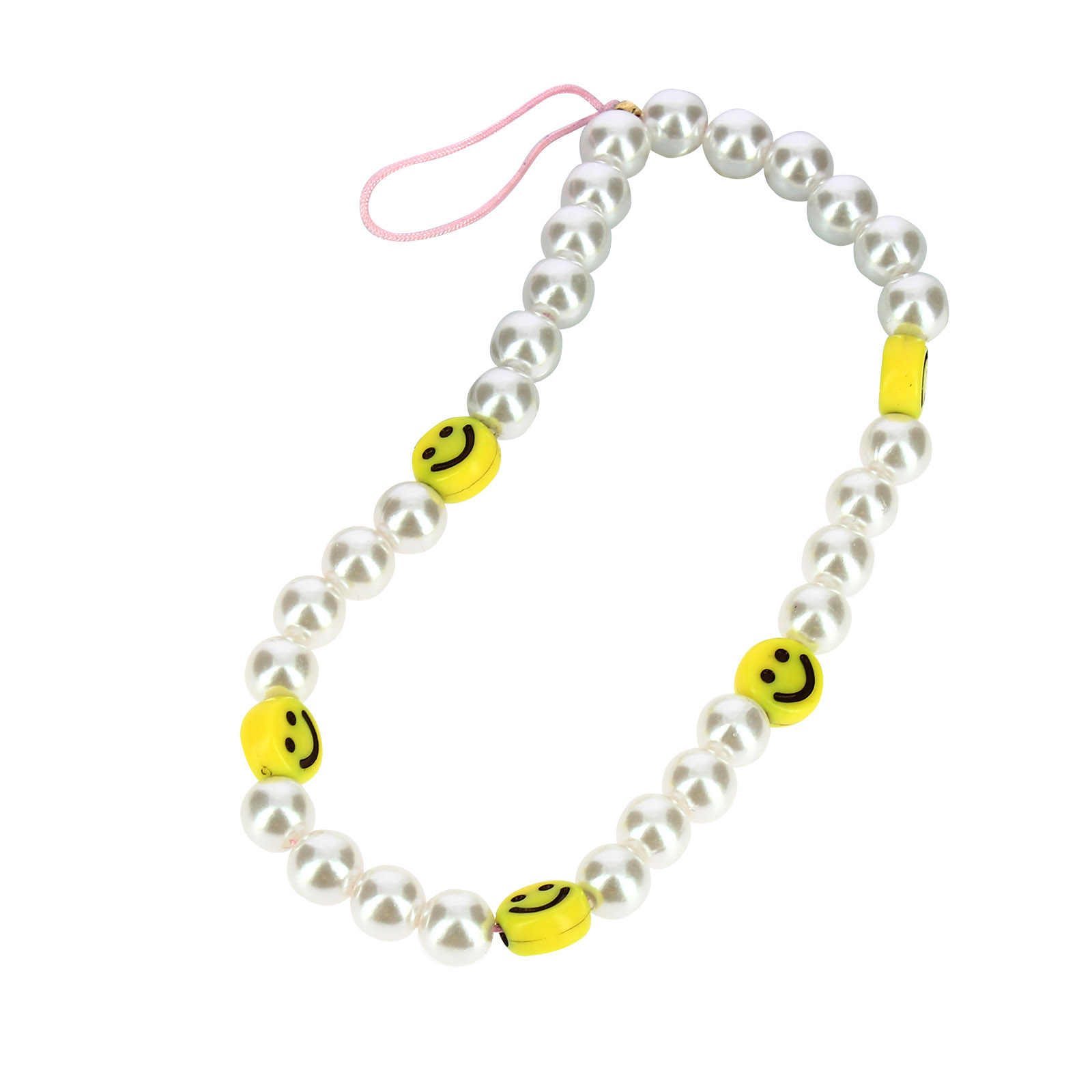 Una tracolla per telefono fatta di perle bianche e perline gialle con faccine sorridenti, con un anello di corda rosa, su sfondo bianco.