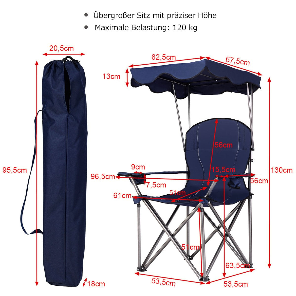 Silla de camping azul con dosel, dimensiones mostradas. Incluye bolsa.