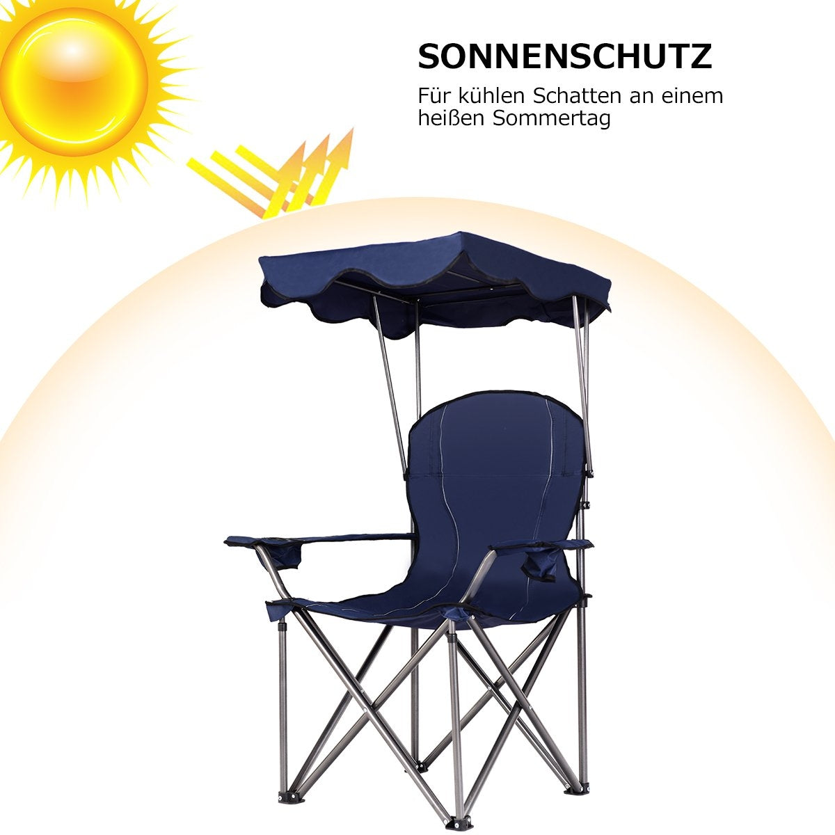 Una silla de camping azul con parasol e icono de sol.