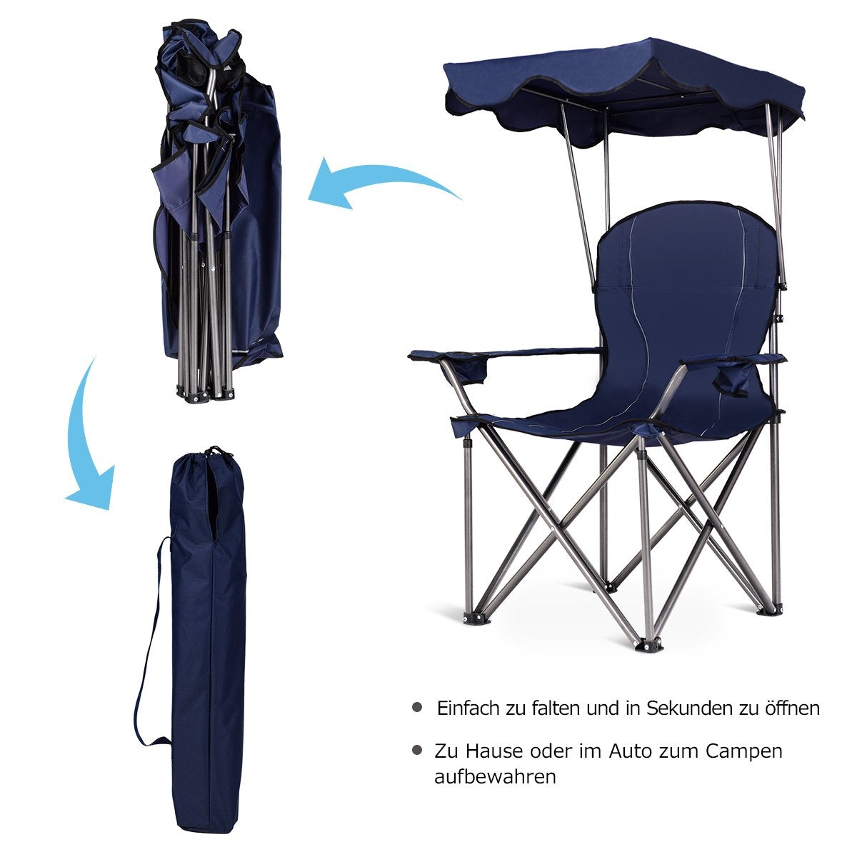 Una silla de camping azul con toldo, plegada y en una bolsa.