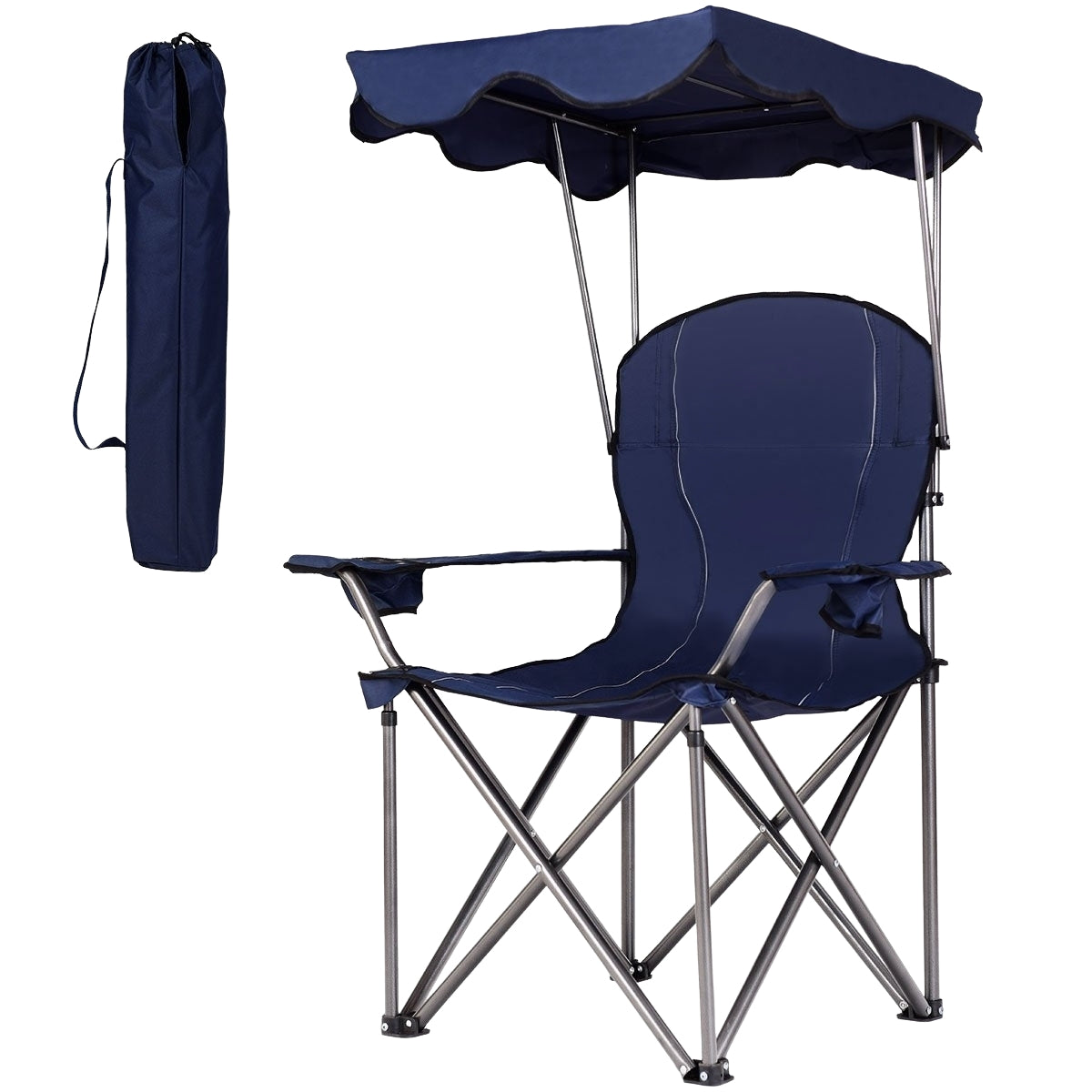 Una silla plegable azul marino con dosel y bolsa de transporte.