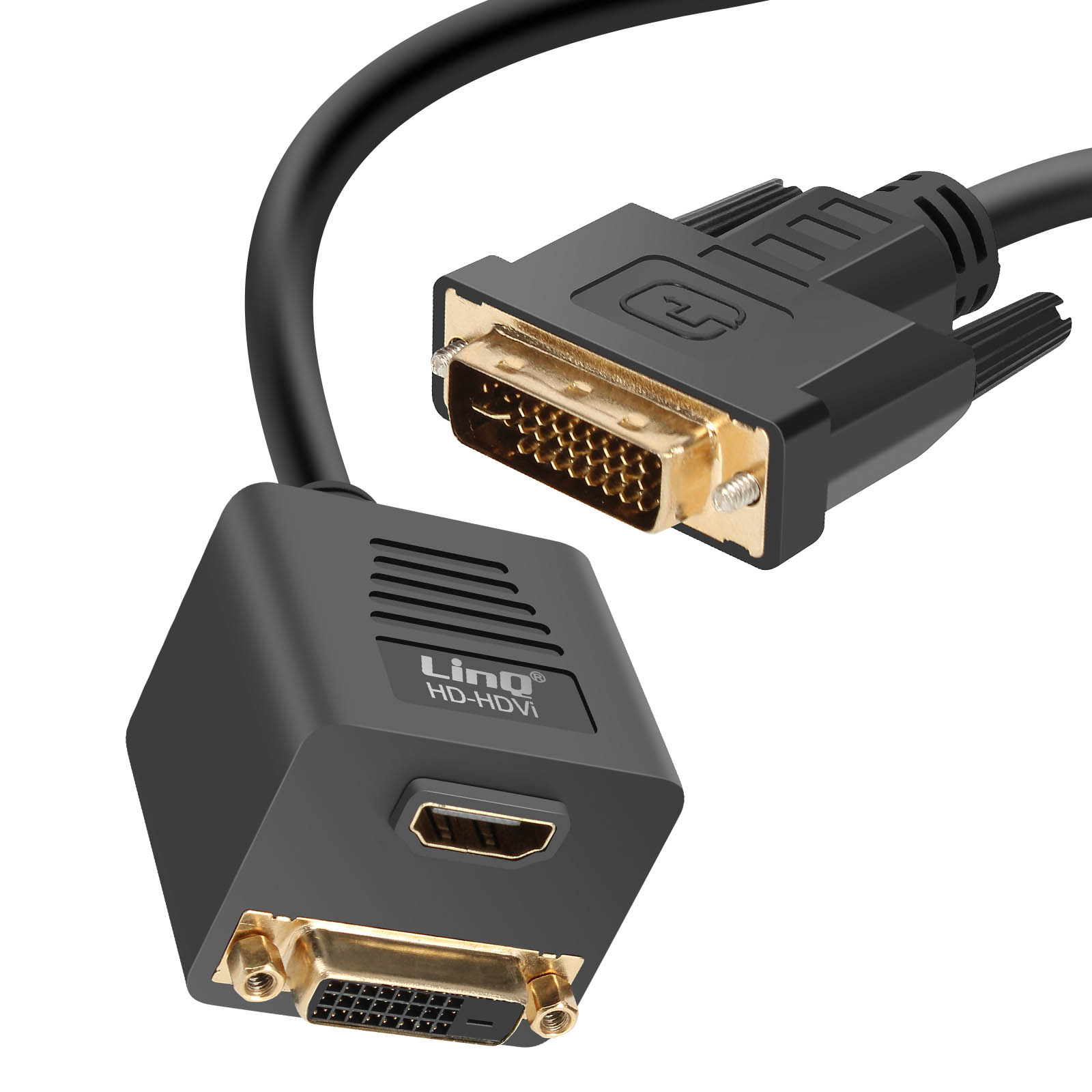 Ein schwarzer DVI-zu-HDMI-Adapter mit goldenen Anschlüssen.